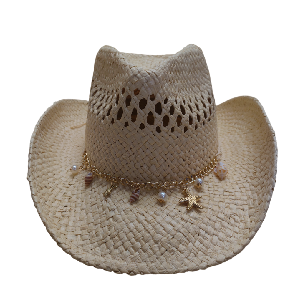 Straw Trilby Hat | Cowboy-Style Open Woven with Beach Charm Trim – Natural