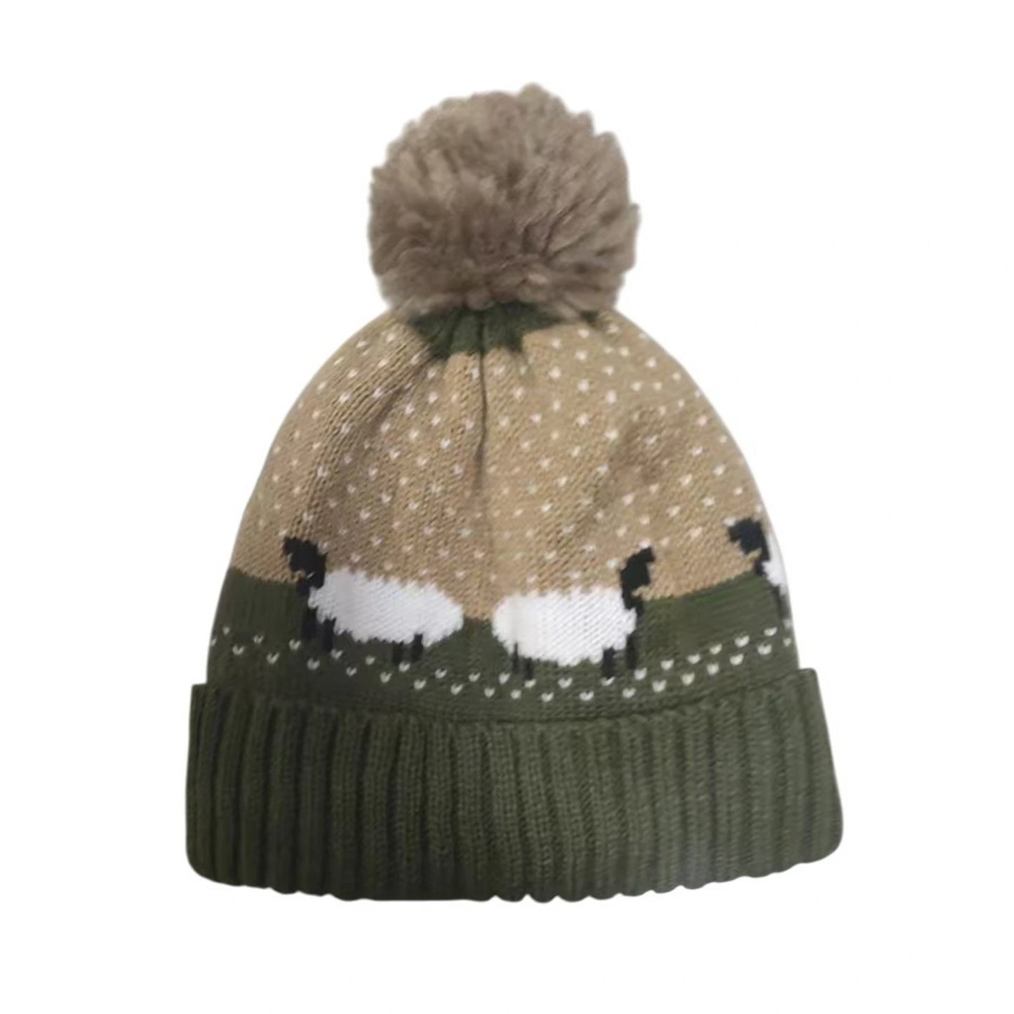 Fashion Bobble Hat | Sheep Pattern Knit Design with Pom Pom – Green