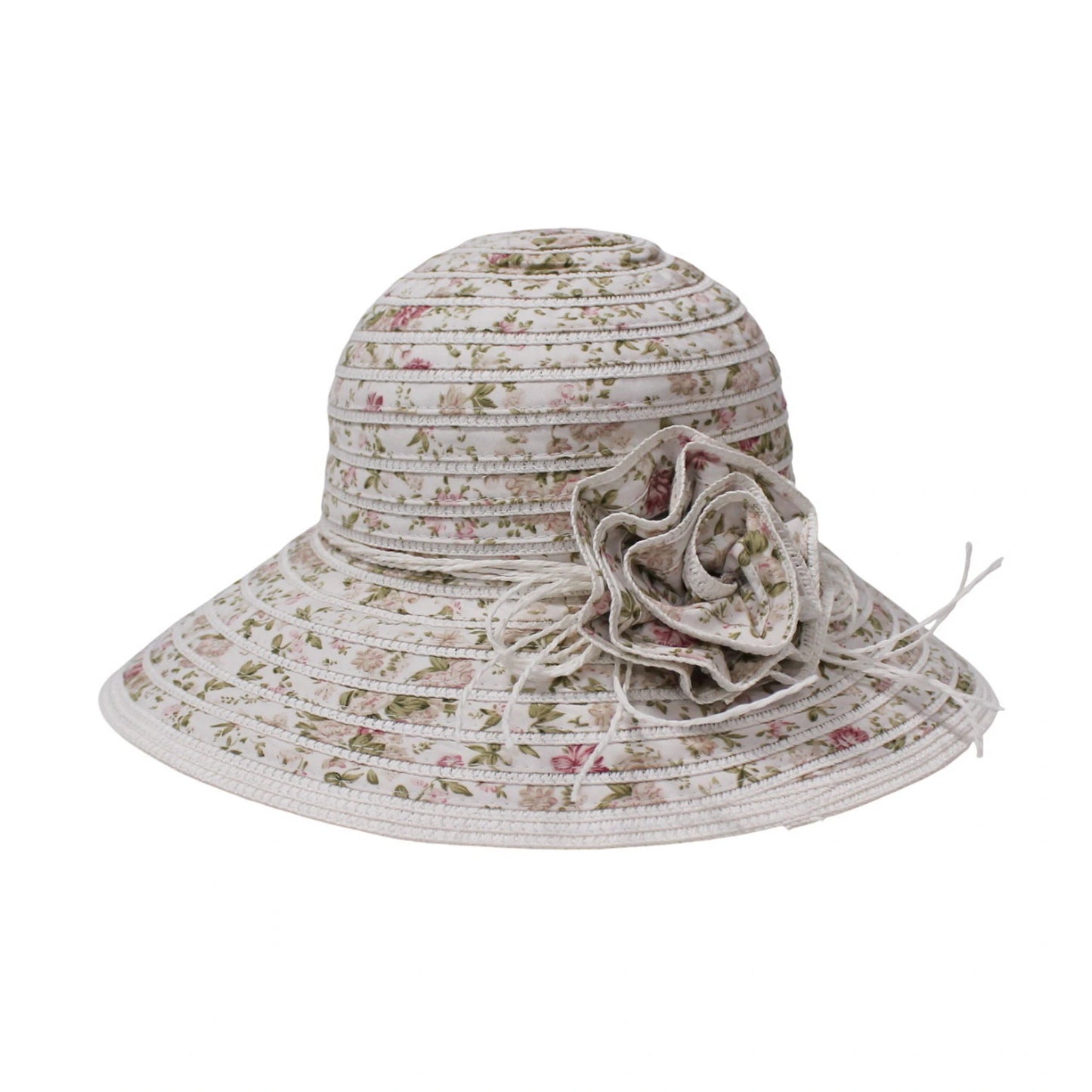 Wide Brim Straw Hat | Floral Print with 3D Flower Detail – Cream