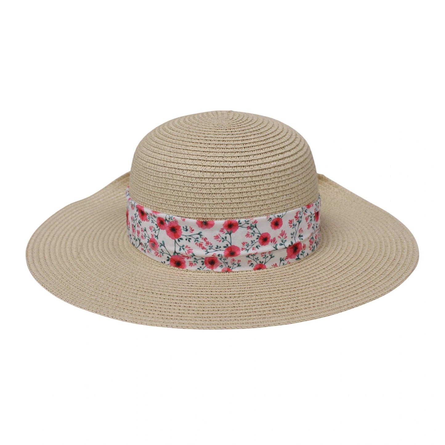 Wide Brim Straw Hat | Small Floral Bow Detail – Natural