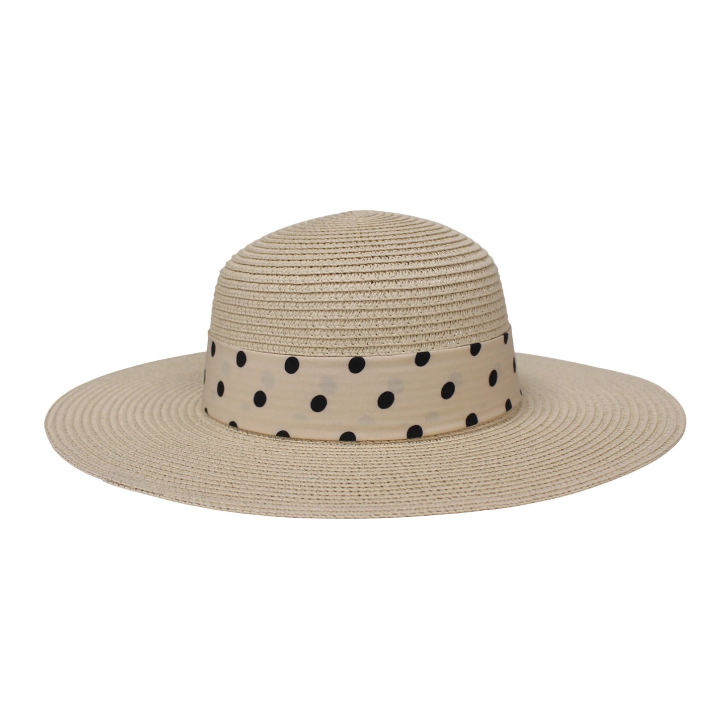 Wide Brim Straw Hat | Polka Dot Ribbon Bow Detail – Beige