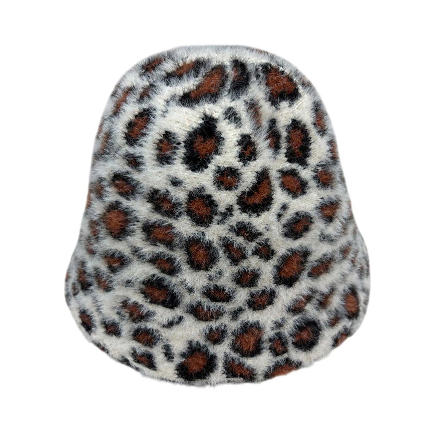 Fashion Hat | Fuzzy Leopard Print Bucket Hat – White & Brown