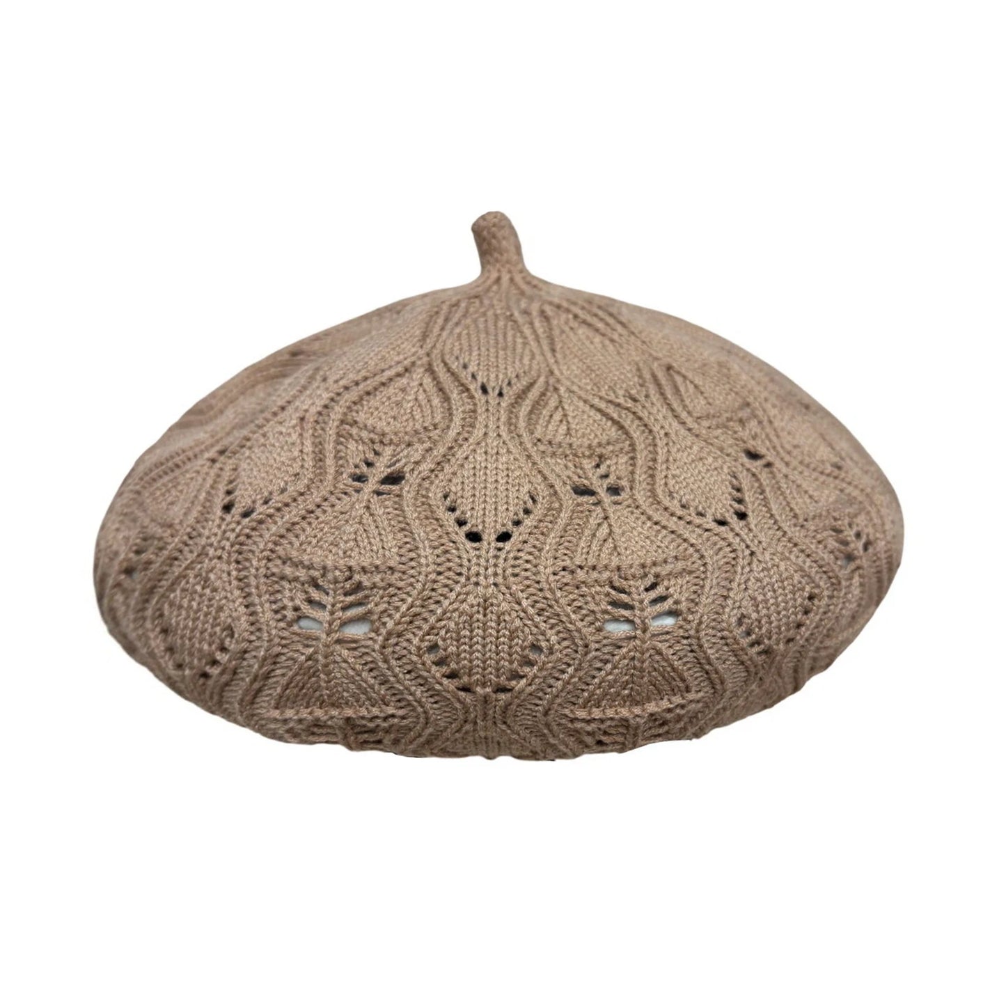 Fashion Hat | Openwork Leaf Knit Beret – Taupe