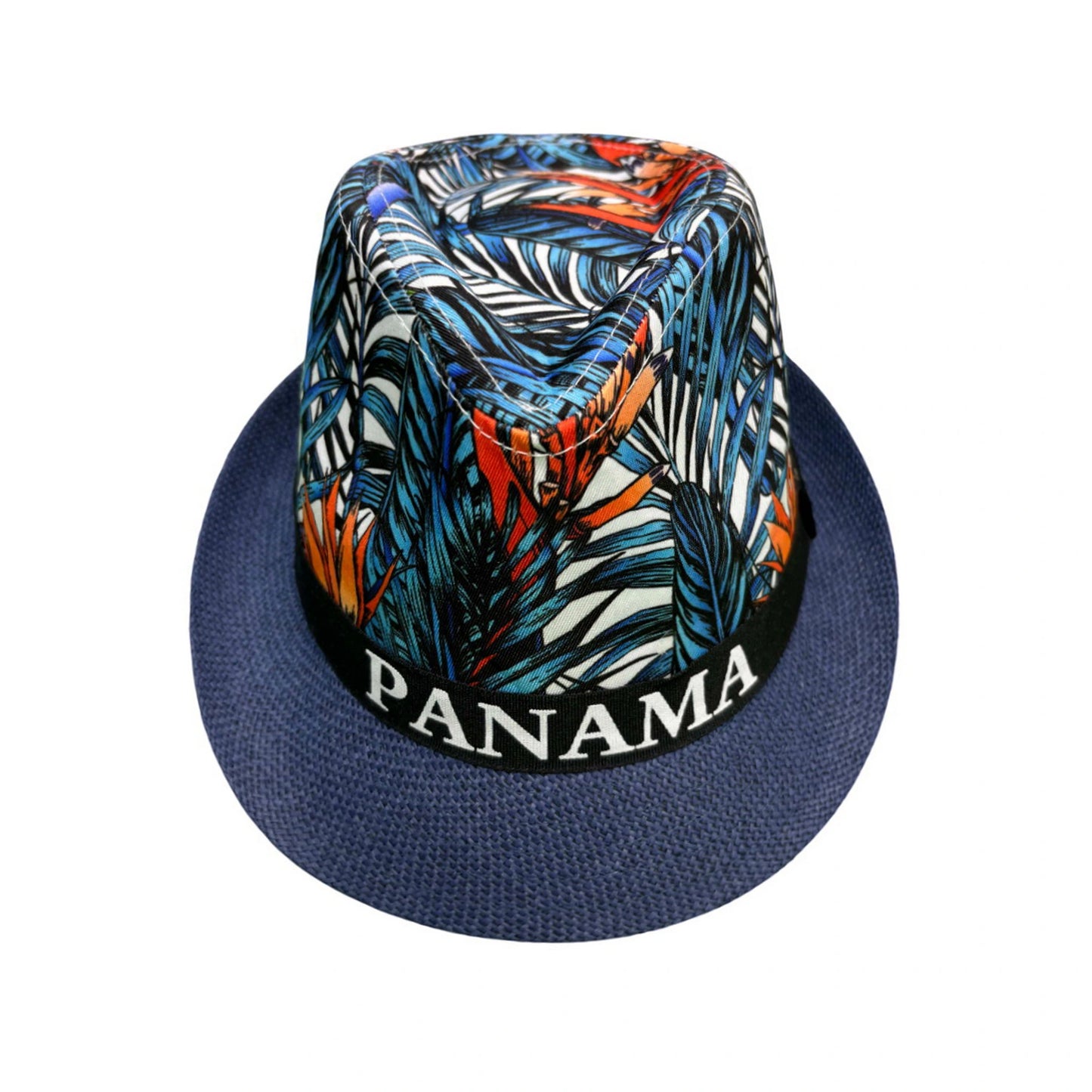 Straw Trilby Hat | Tropical Print Panama Band – Navy Blue