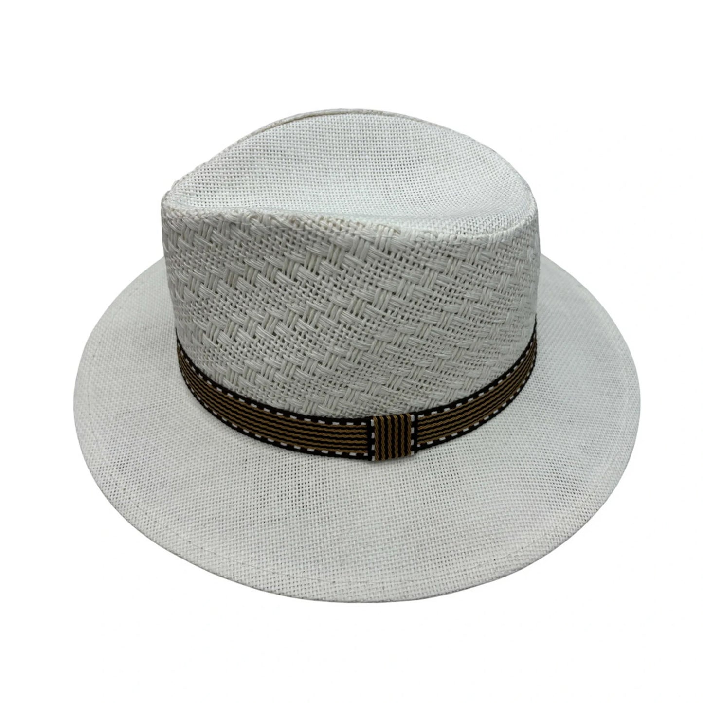Straw Fedora Hat | White Woven Straw with Brown & Gold Band – White