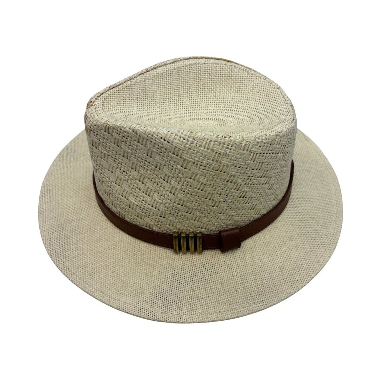 Straw Fedora Hat | Woven Texture with Leather Band & Brass Accents – Beige