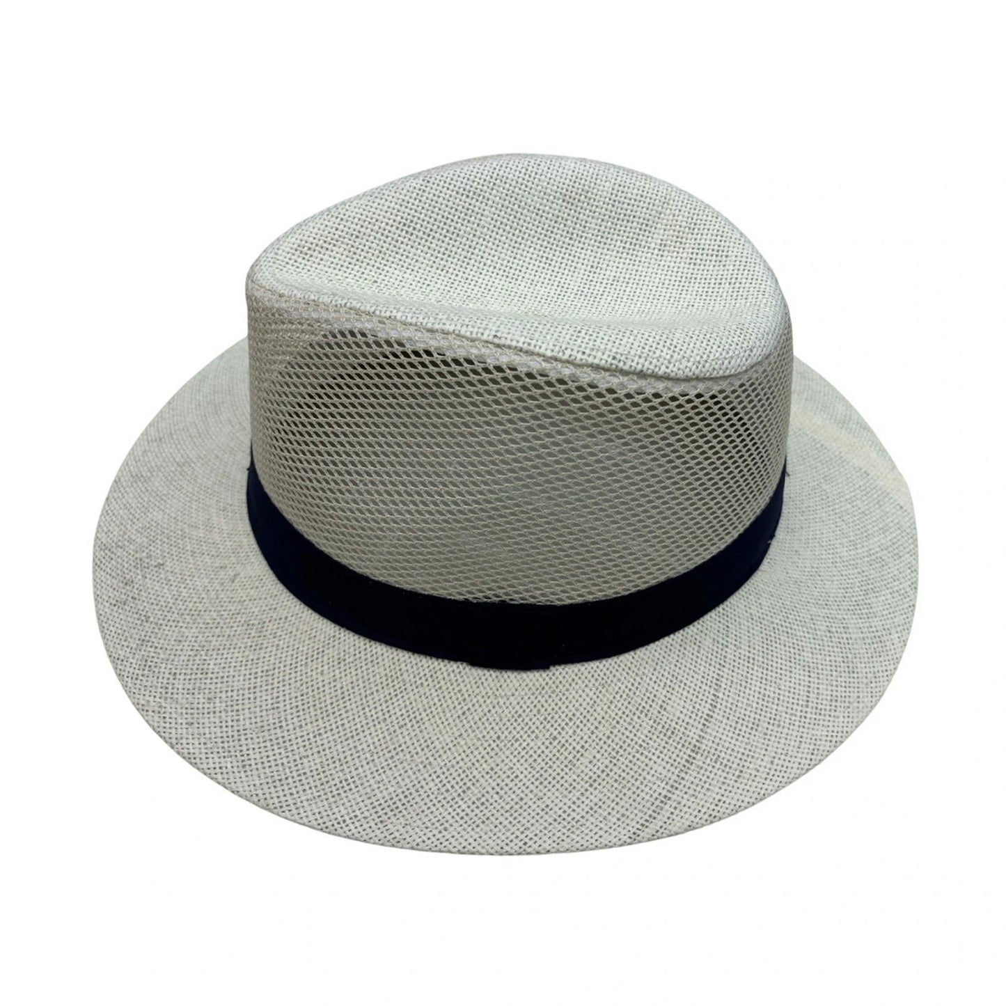 Straw Fedora Hat | Breathable Mesh Panel with Navy Contrast Band – White