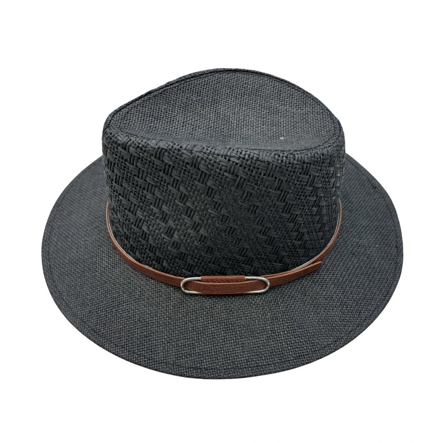 Straw Fedora Hat | Black Woven Design with Brown Leather Contrast Band – Black
