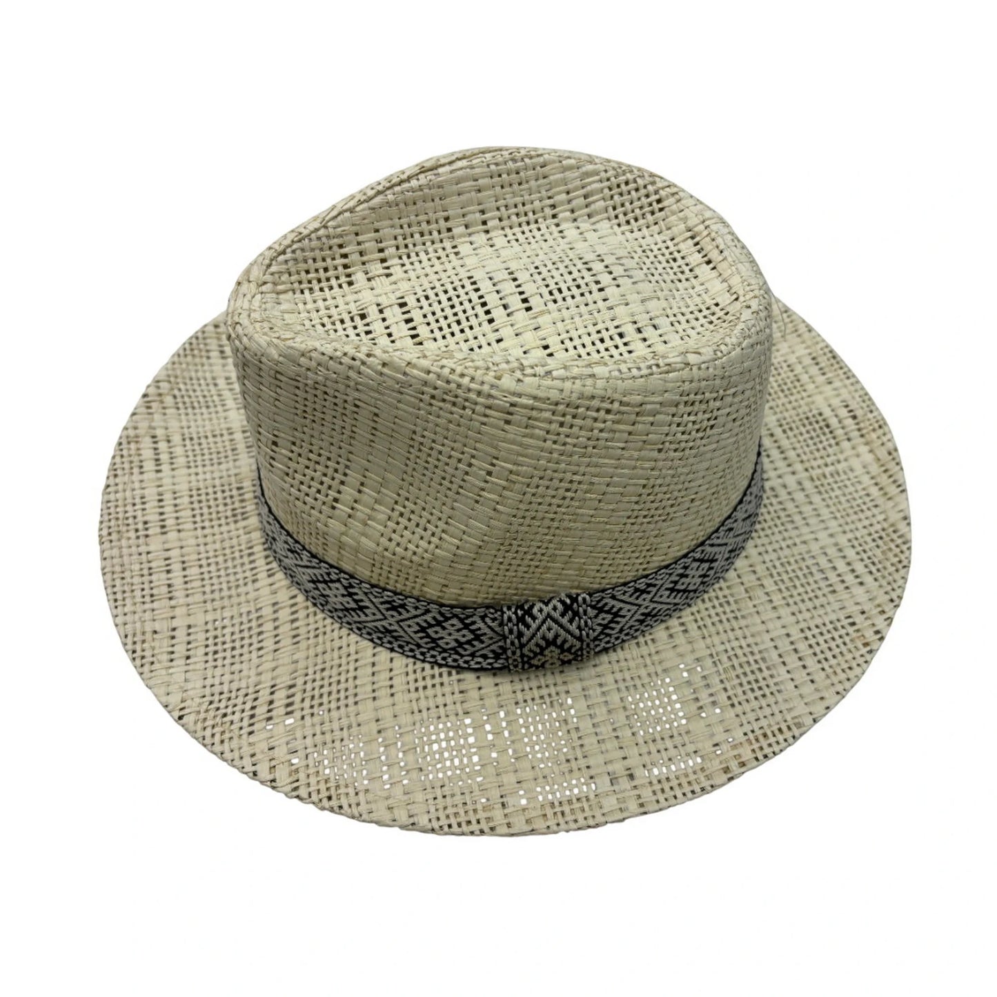 Straw Fedora Hat | Open-Weave Design with Tribal Pattern Band – Natural
