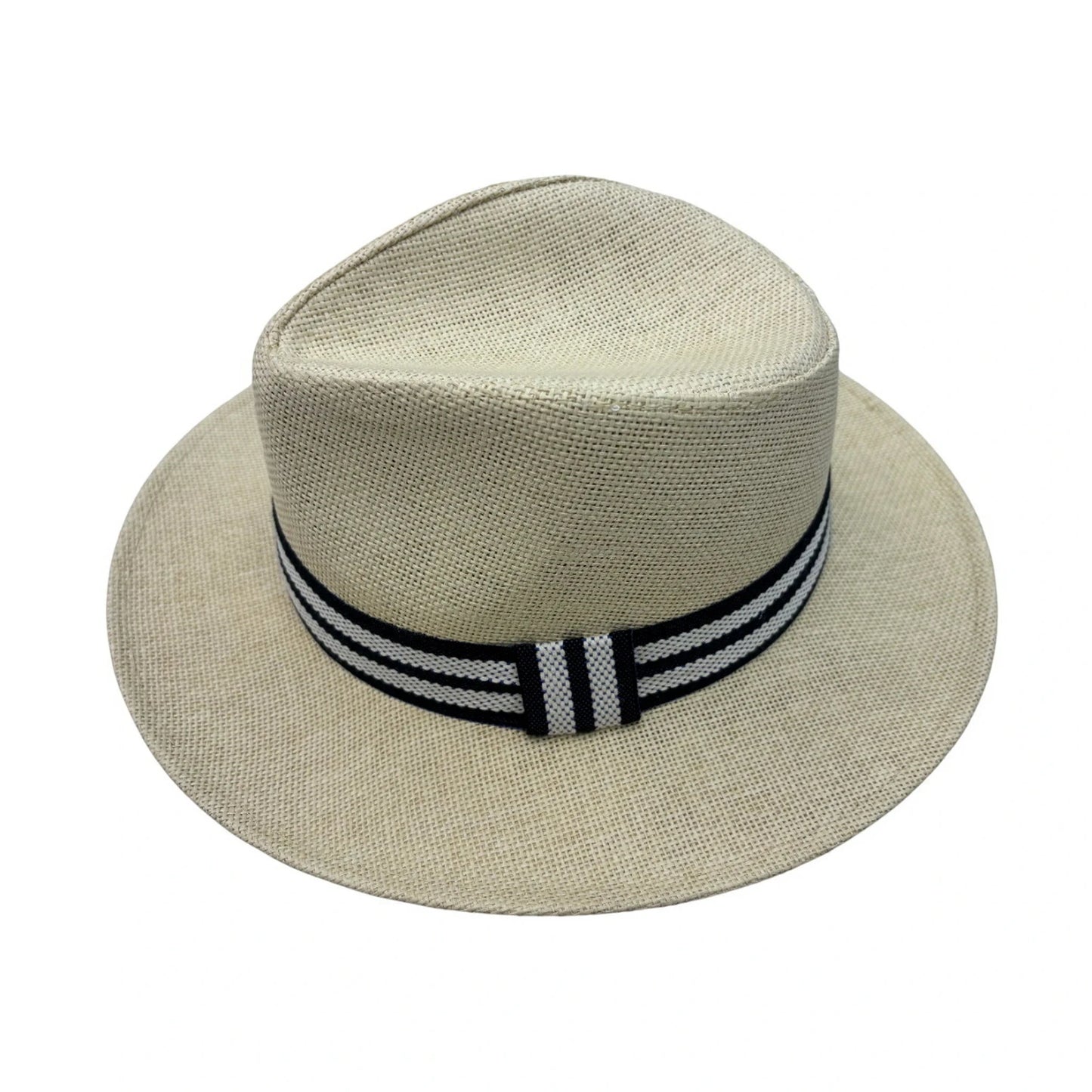 Straw Fedora Hat | Teardrop Crown with Navy & White Striped Band – Natural