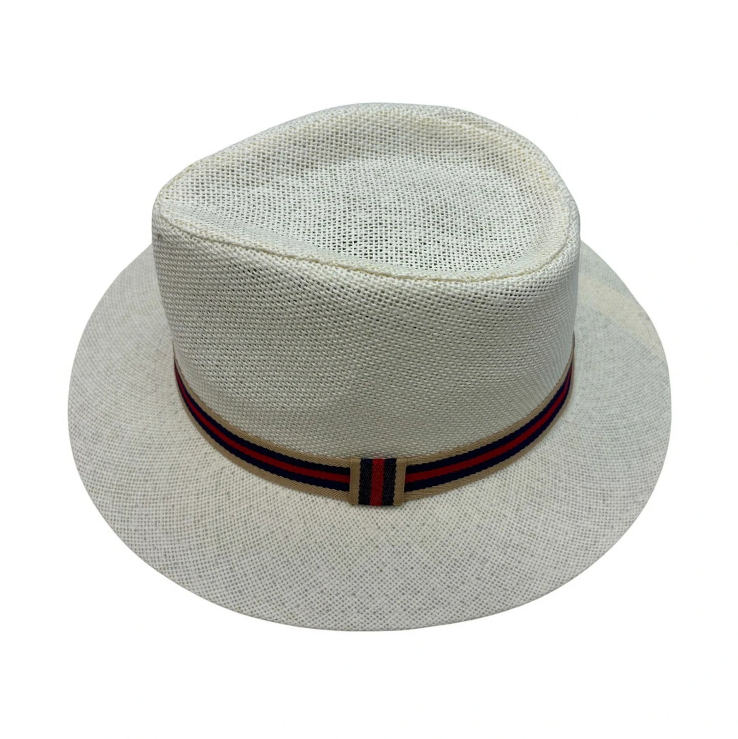 Straw Fedora Hat | Structured Crown with Mesh Texture and Striped Band – White