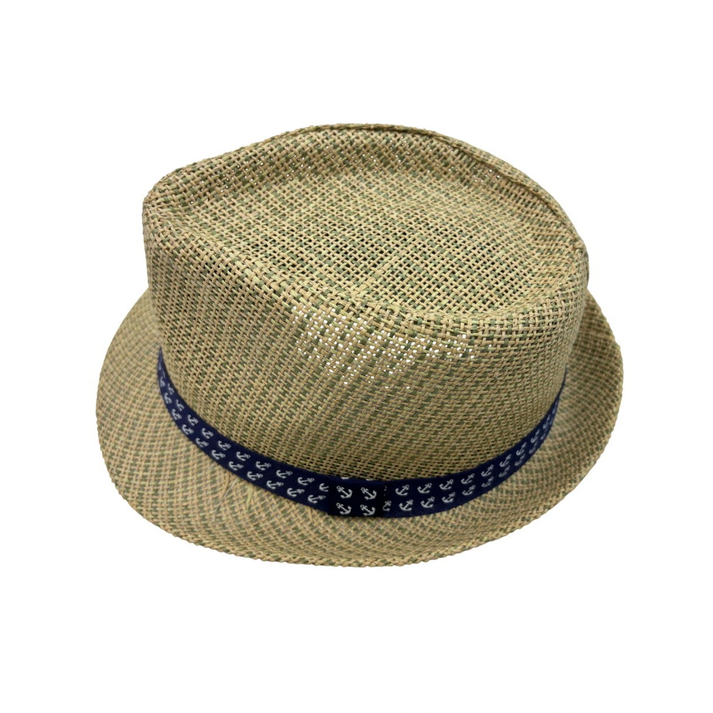 Straw Trilby Hat | Teardrop Crown with Anchor Pattern Band – Natural Green