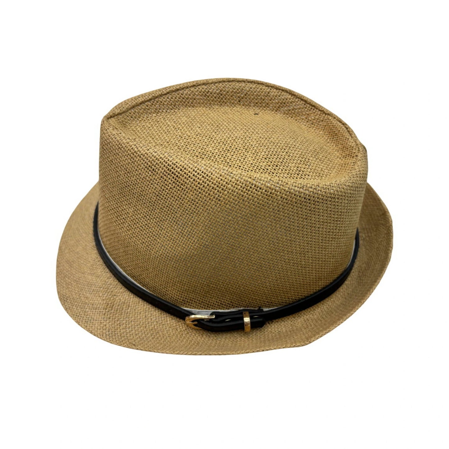Straw Trilby Hat | Short Curved Brim with Black Leather Band & Gold-Tone Buckle – Natural