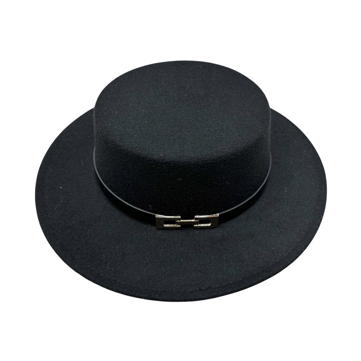 Fashion Hat | Black Boater Hat with Silver H-Buckle Band – Black