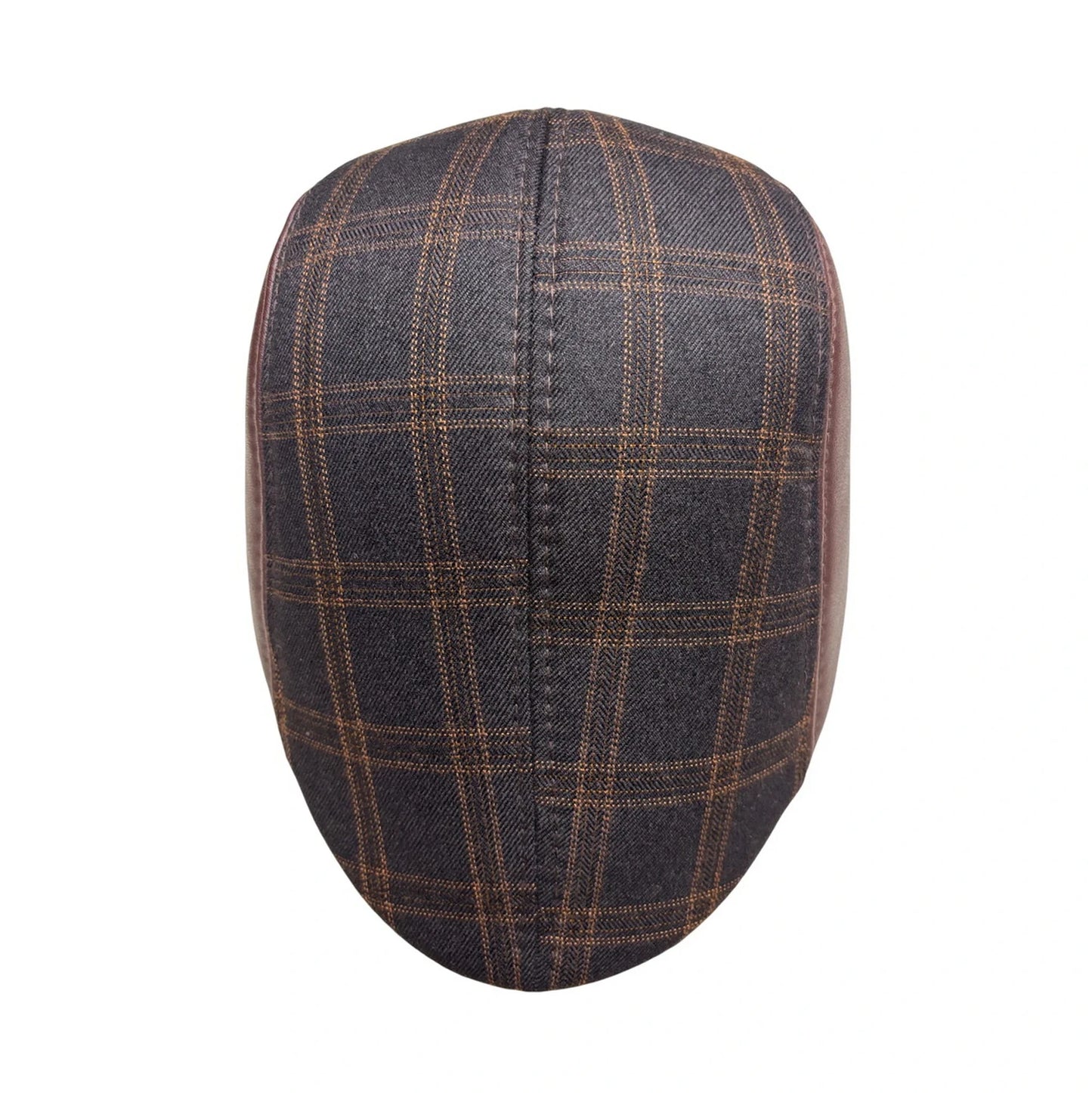 Flat Cap | Plaid with Brown Leather Panels – Dark Grey