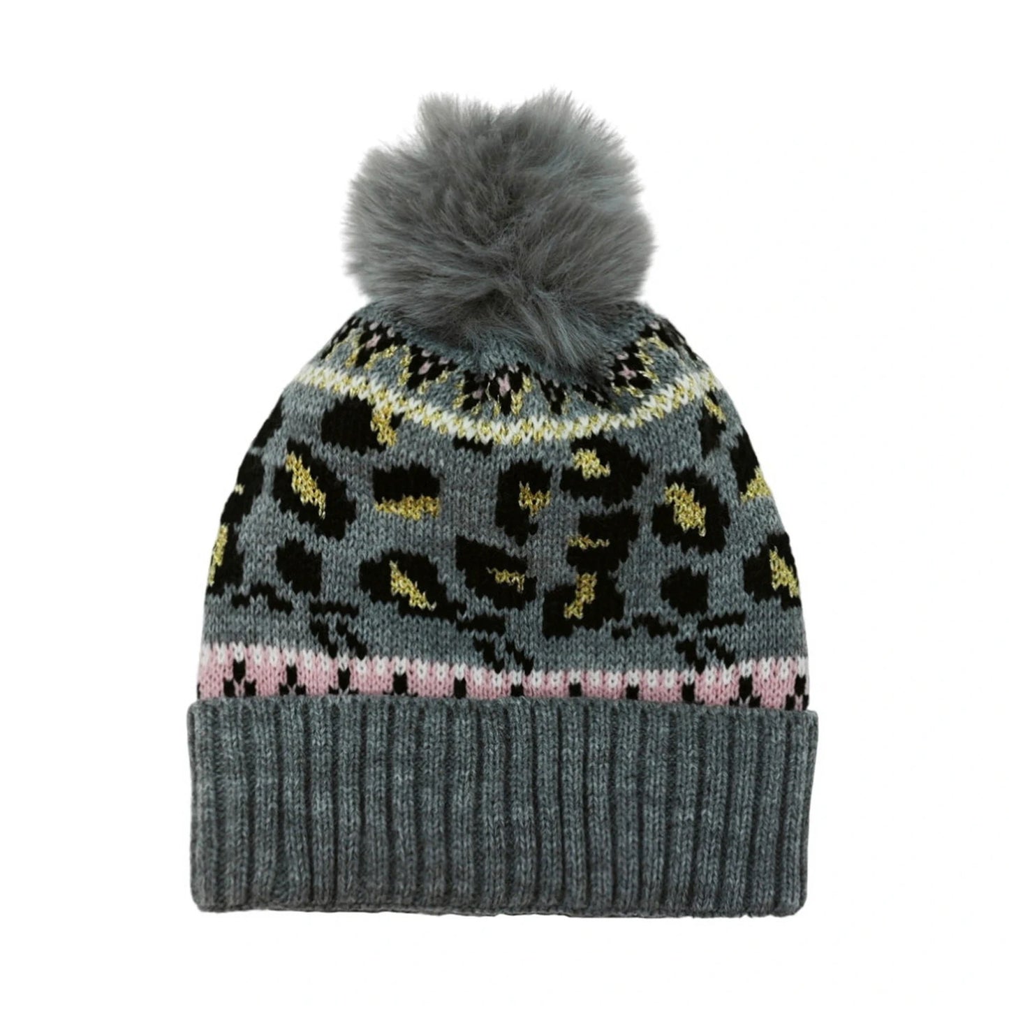 Fashion Bobble Hat | Leopard Print Fair Isle Pom-Pom – Grey