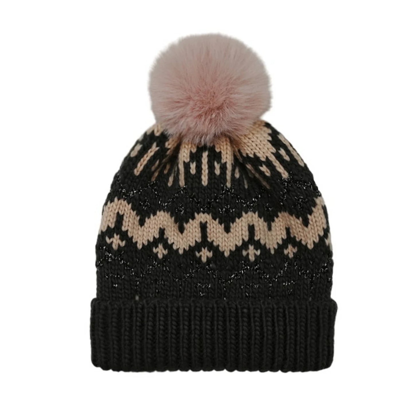 Fashion Bobble Hat | Fair Isle Metallic Knit Pom-Pom – Black & Almond