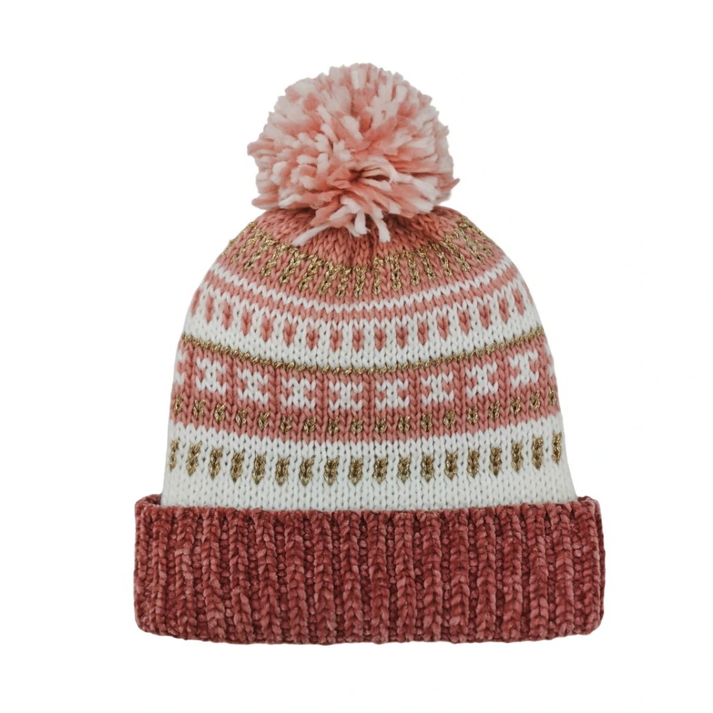 Fashion Bobble Hat | Fair Isle Metallic Chenille Pom-Pom – Blush & Gold