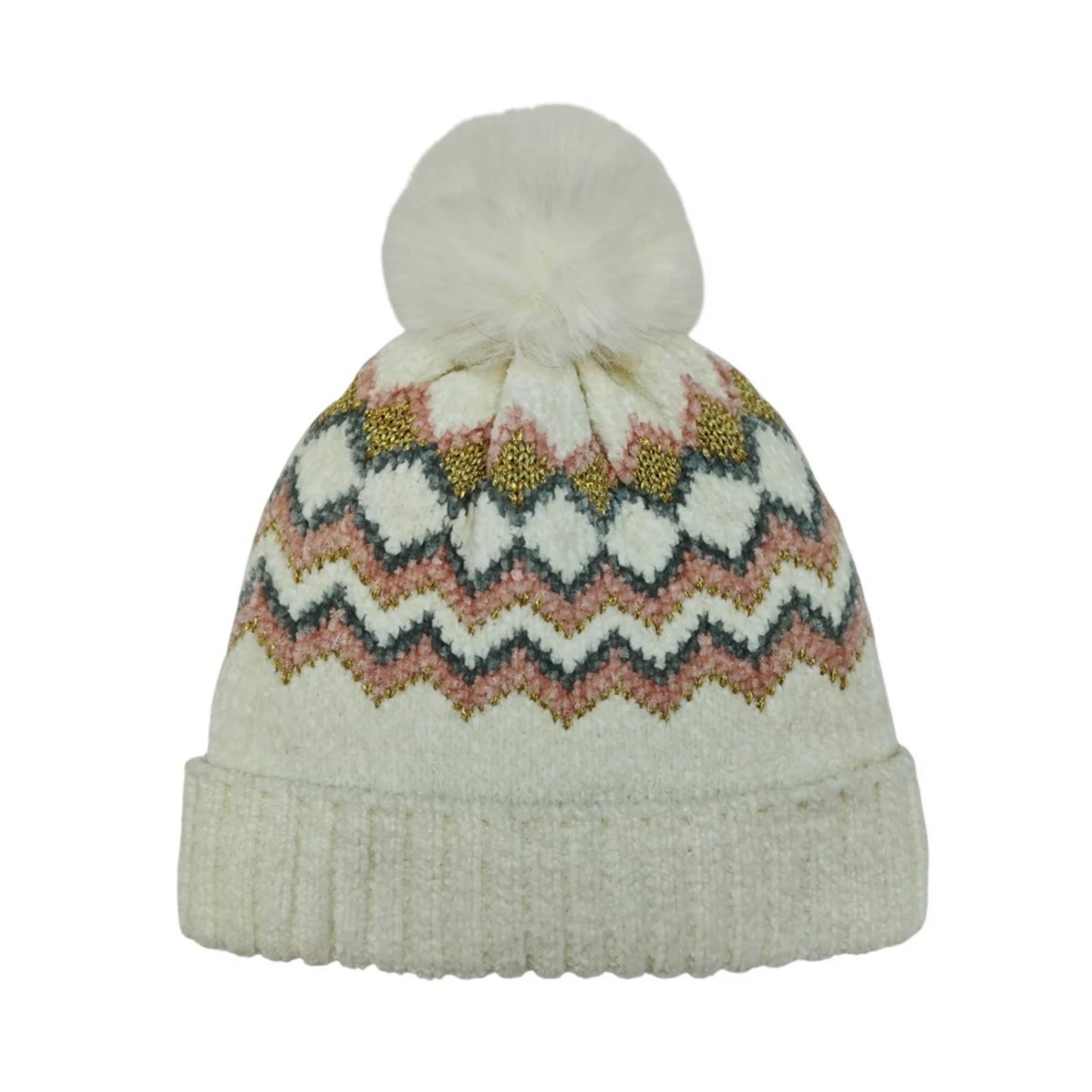 Fashion Bobble Hat | Geometric Metallic Knit Pom-Pom – Cream & Blush