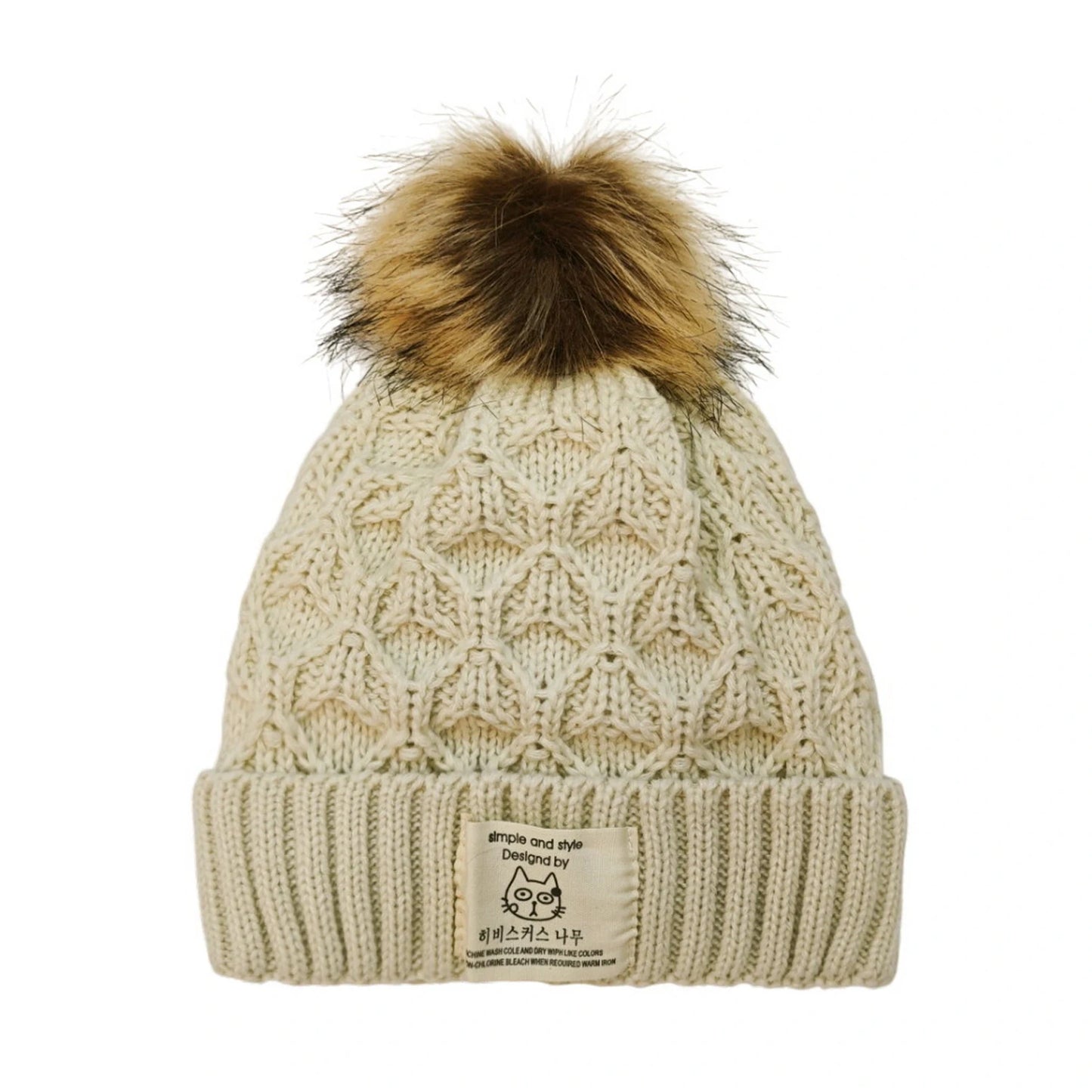 Fashion Bobble Hat | Cable Knit Pom-Pom with Cat Label – Cream