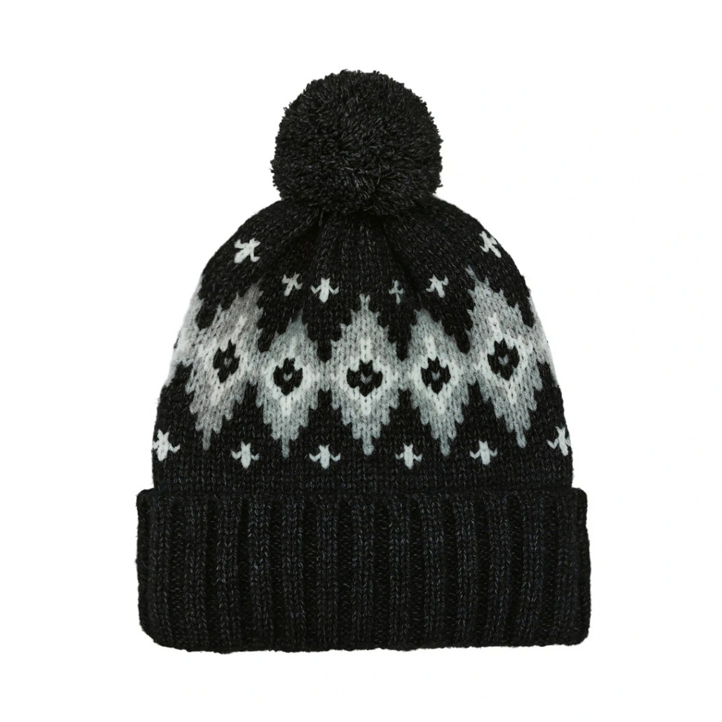 Fashion Bobble Hat | Fair Isle Pattern Pom-Pom – Black