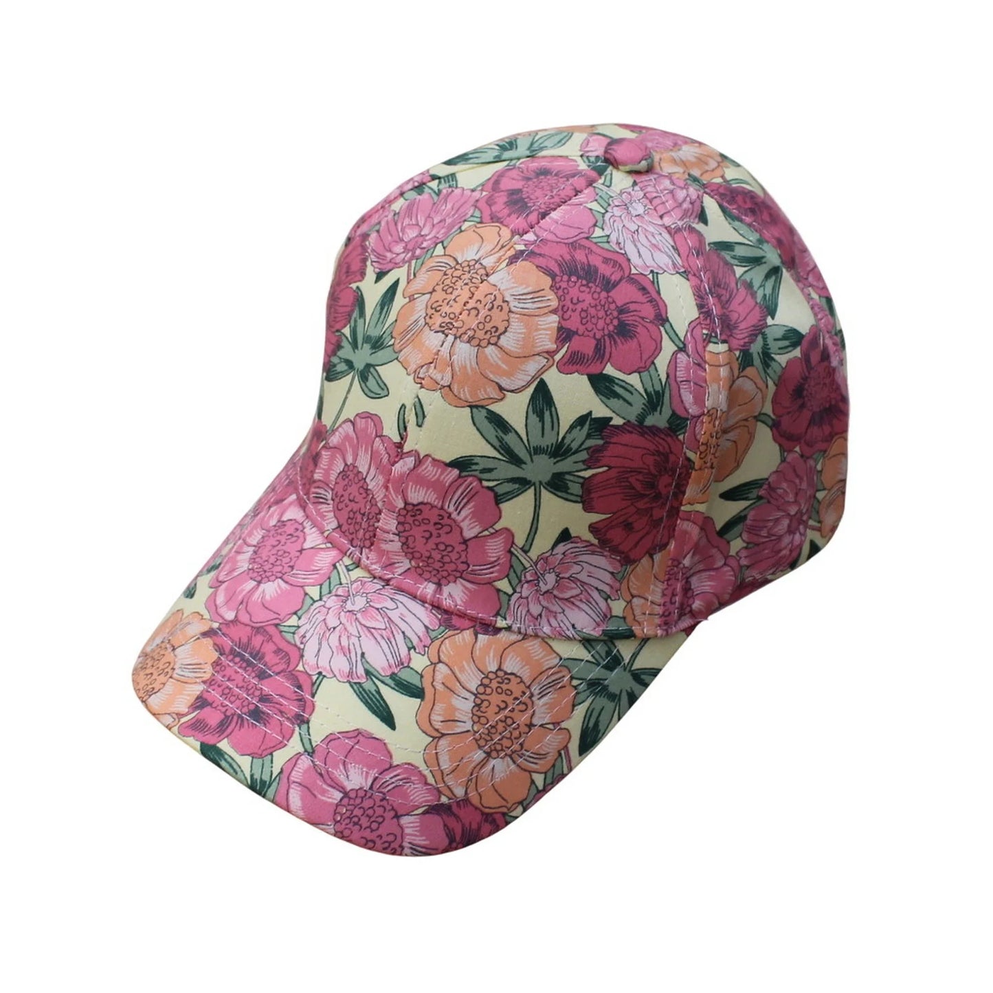 Patterned Baseball Cap | Retro Floral Print – Cream & Pink