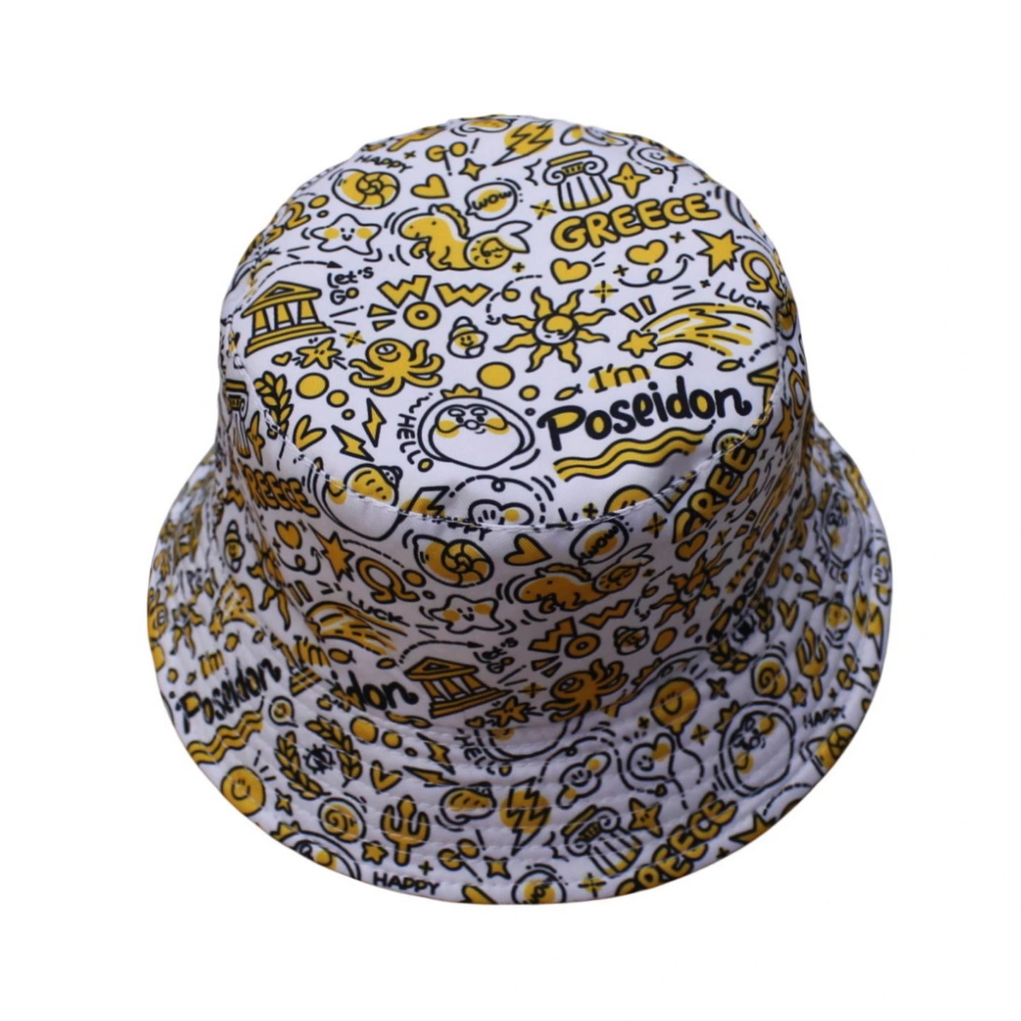 Patterned Bucket Hat | Kids Greek Mythology Doodle Print – White & Yellow
