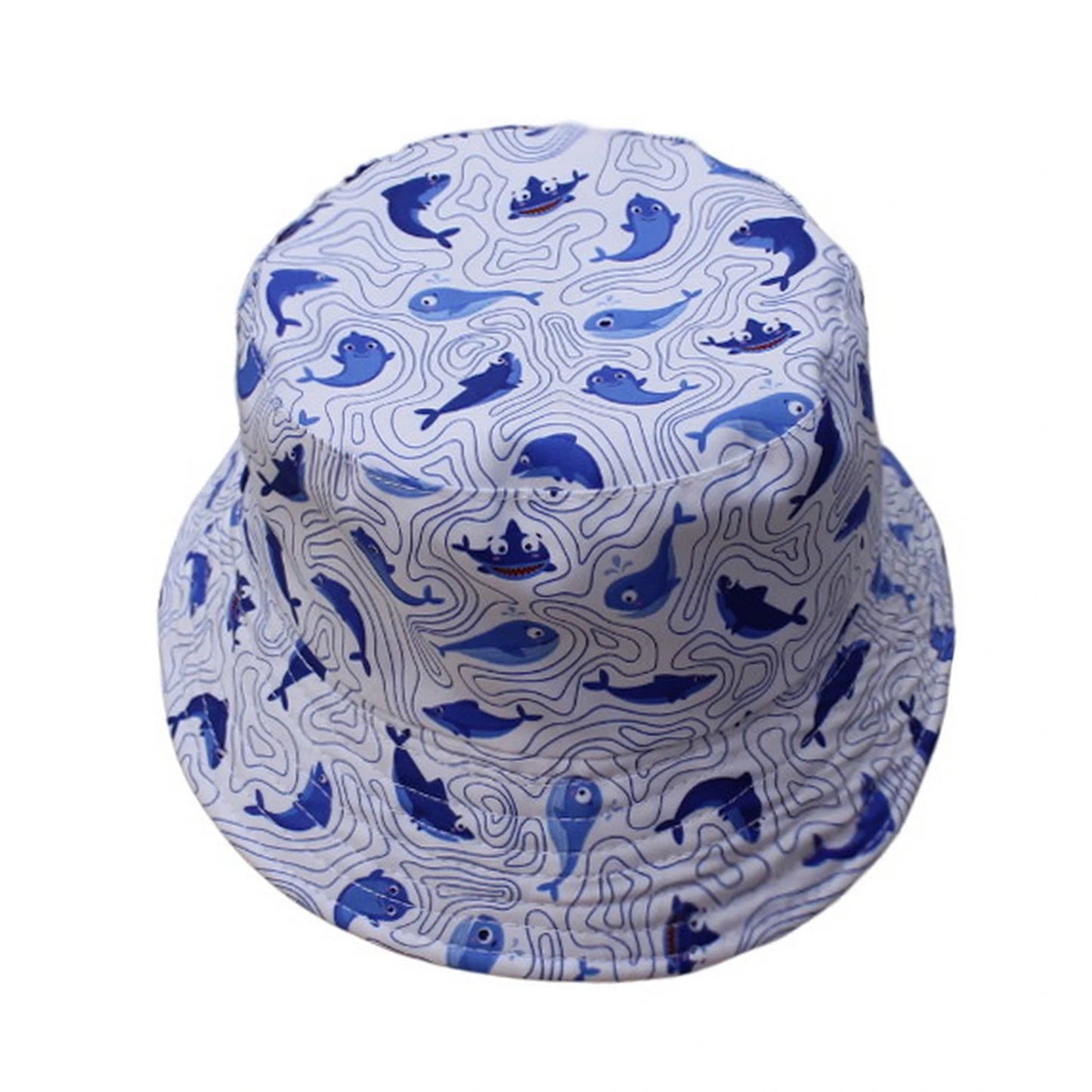 Patterned Bucket Hat | Kids Cartoon Sea Creatures Print – White & Blue
