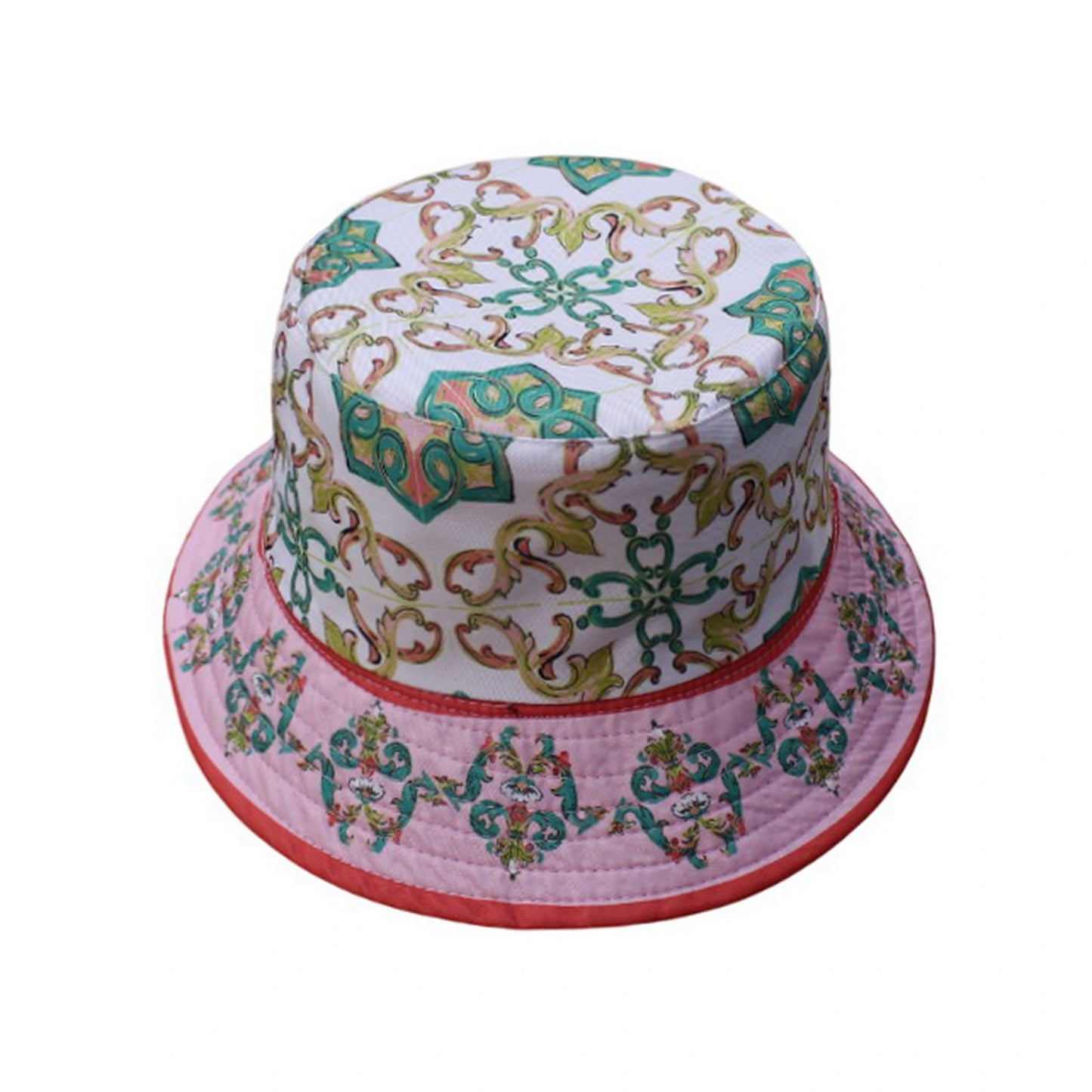 Patterned Bucket Hat | Ornate Tile Print – Pink & Green