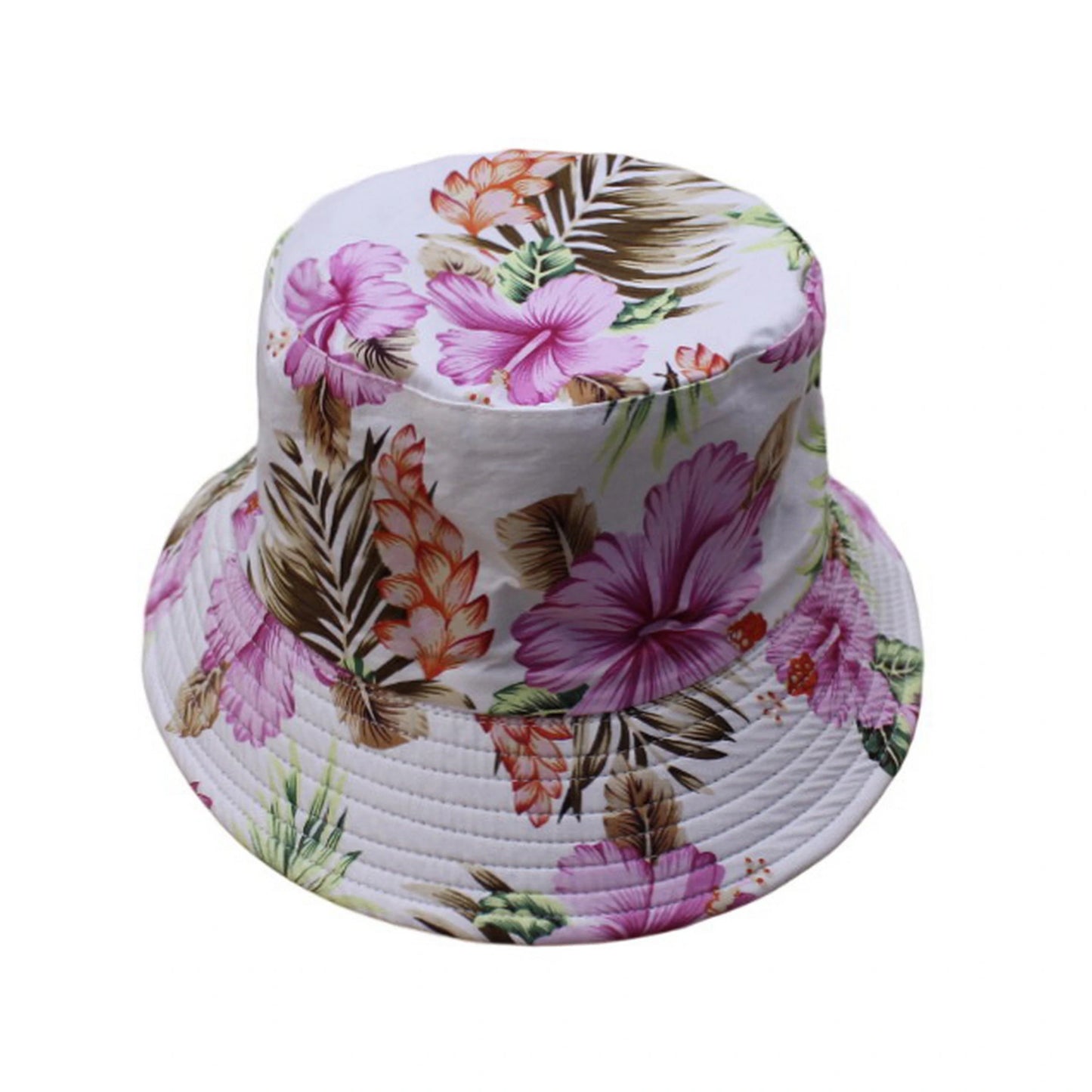 Patterned Bucket Hat | Tropical Hibiscus Print – White & Pink