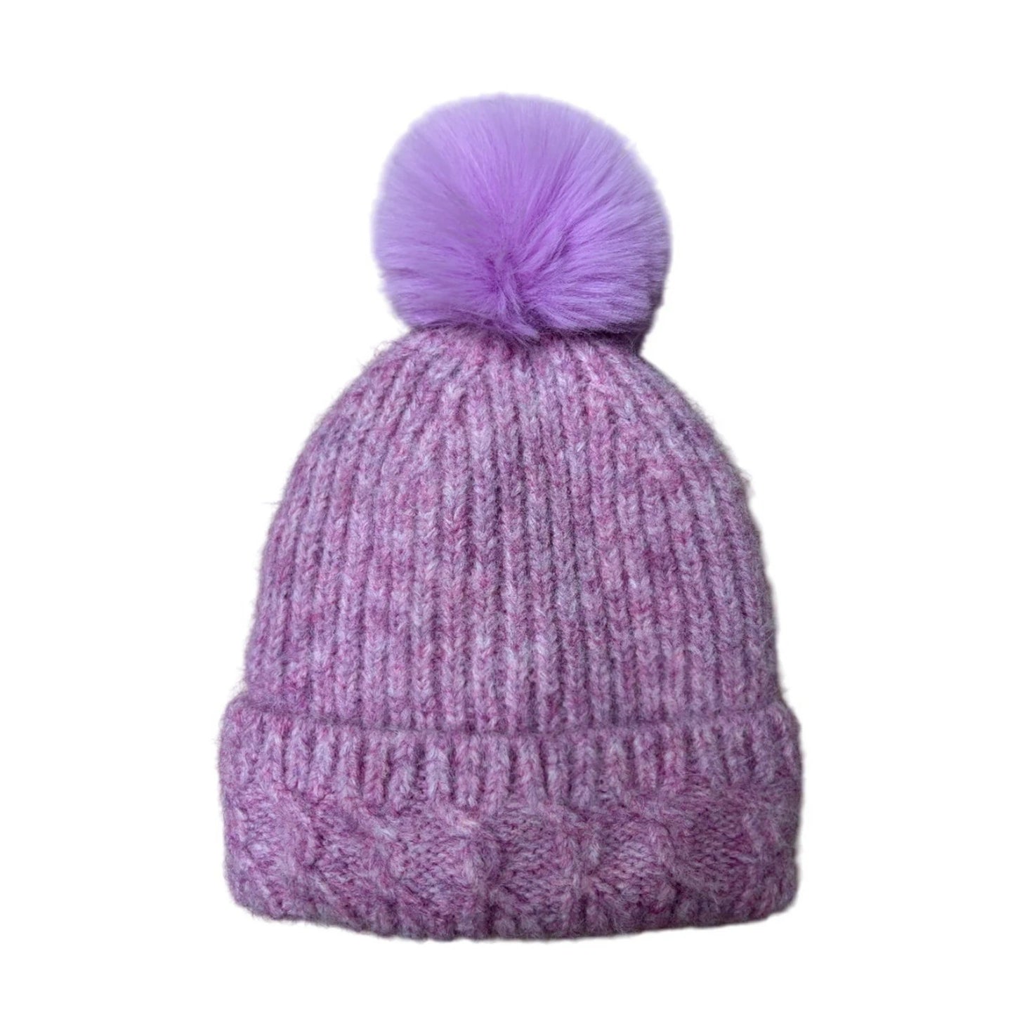 Fashion Bobble Hat | Marled Cable Pattern Pom-Pom Design – Lilac Marl