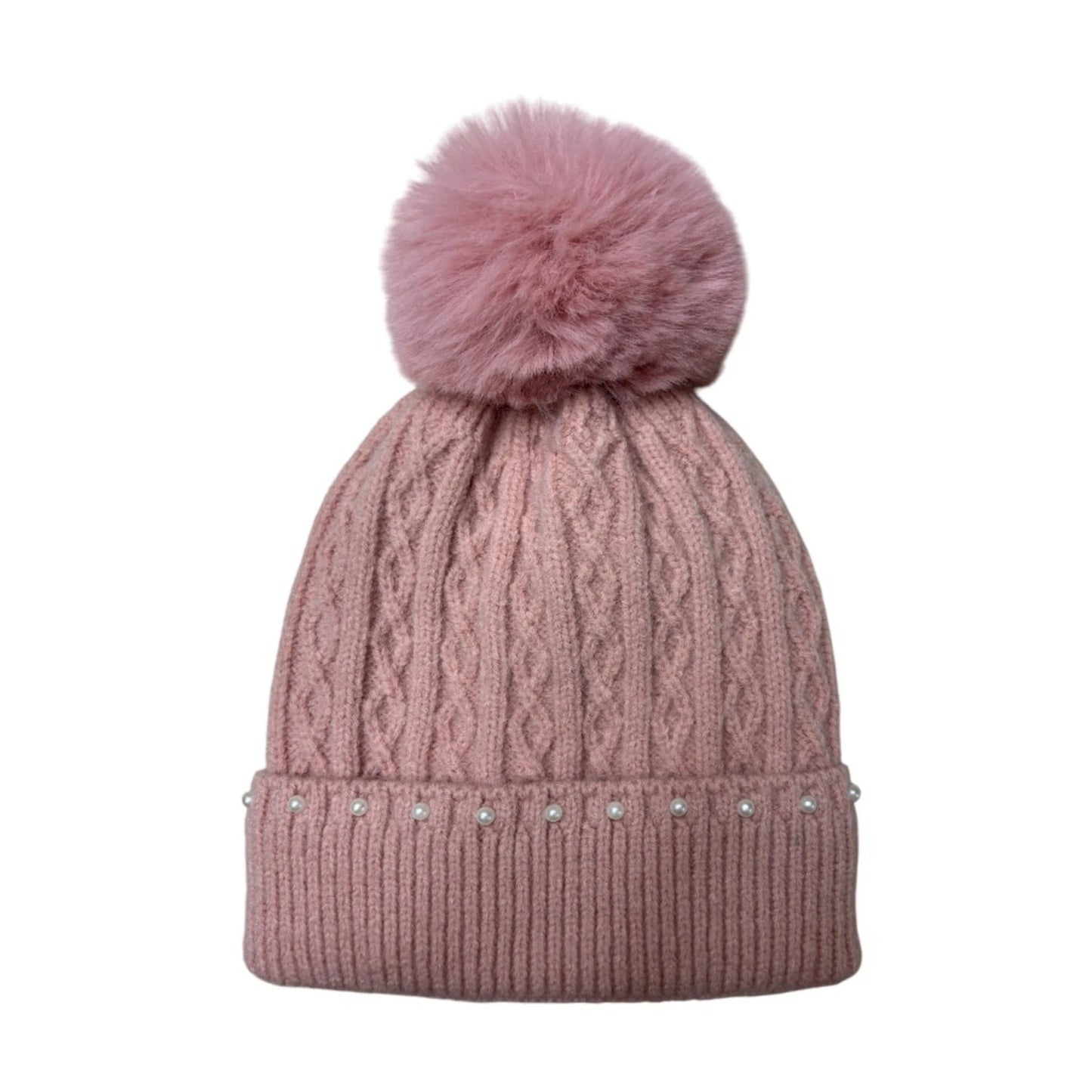 Fashion Bobble Hat | Cable Knit Pearl Trim Pom-Pom Design – Pink