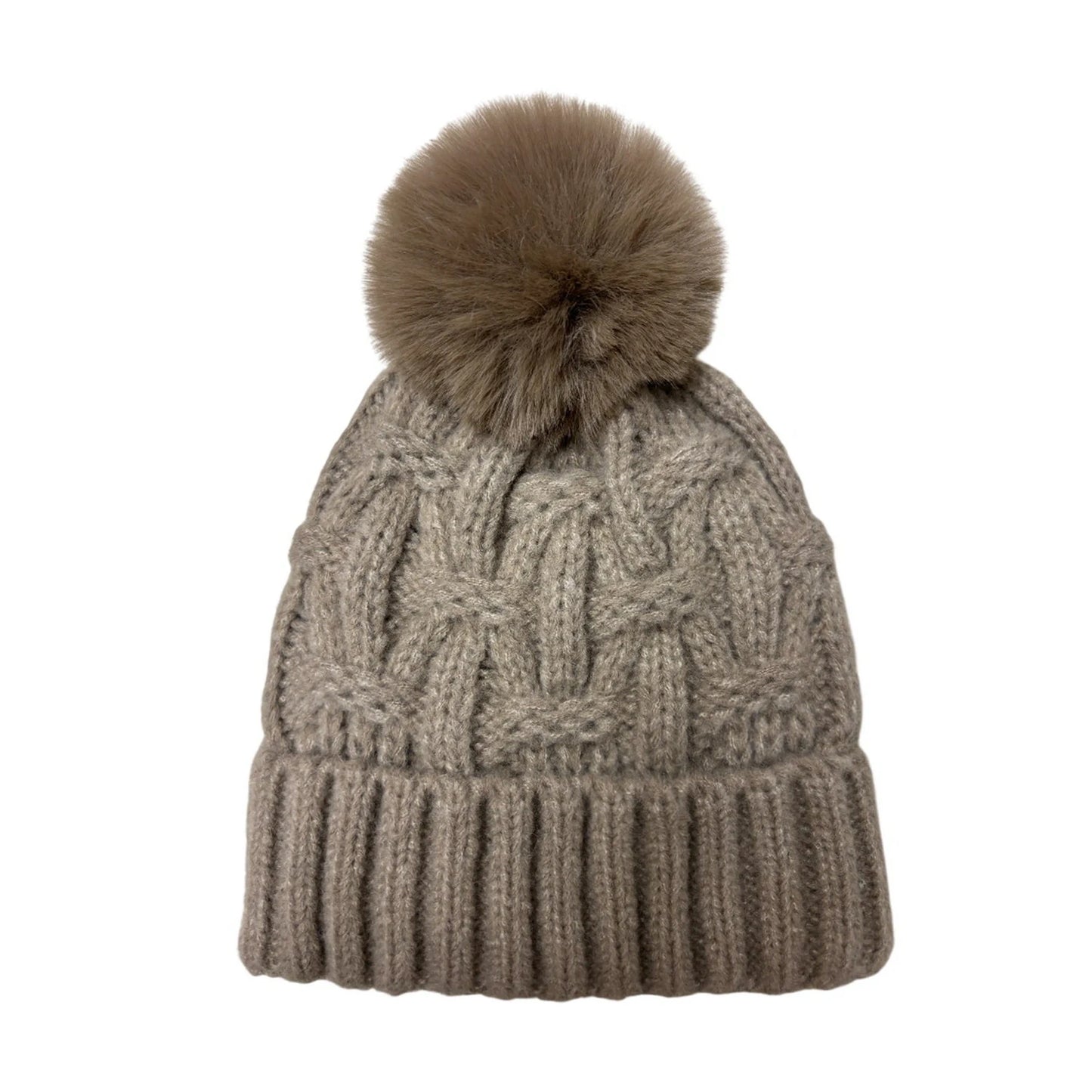 Fashion Bobble Hat | Basketweave Cable Knit Pom-Pom Design – Light Brown