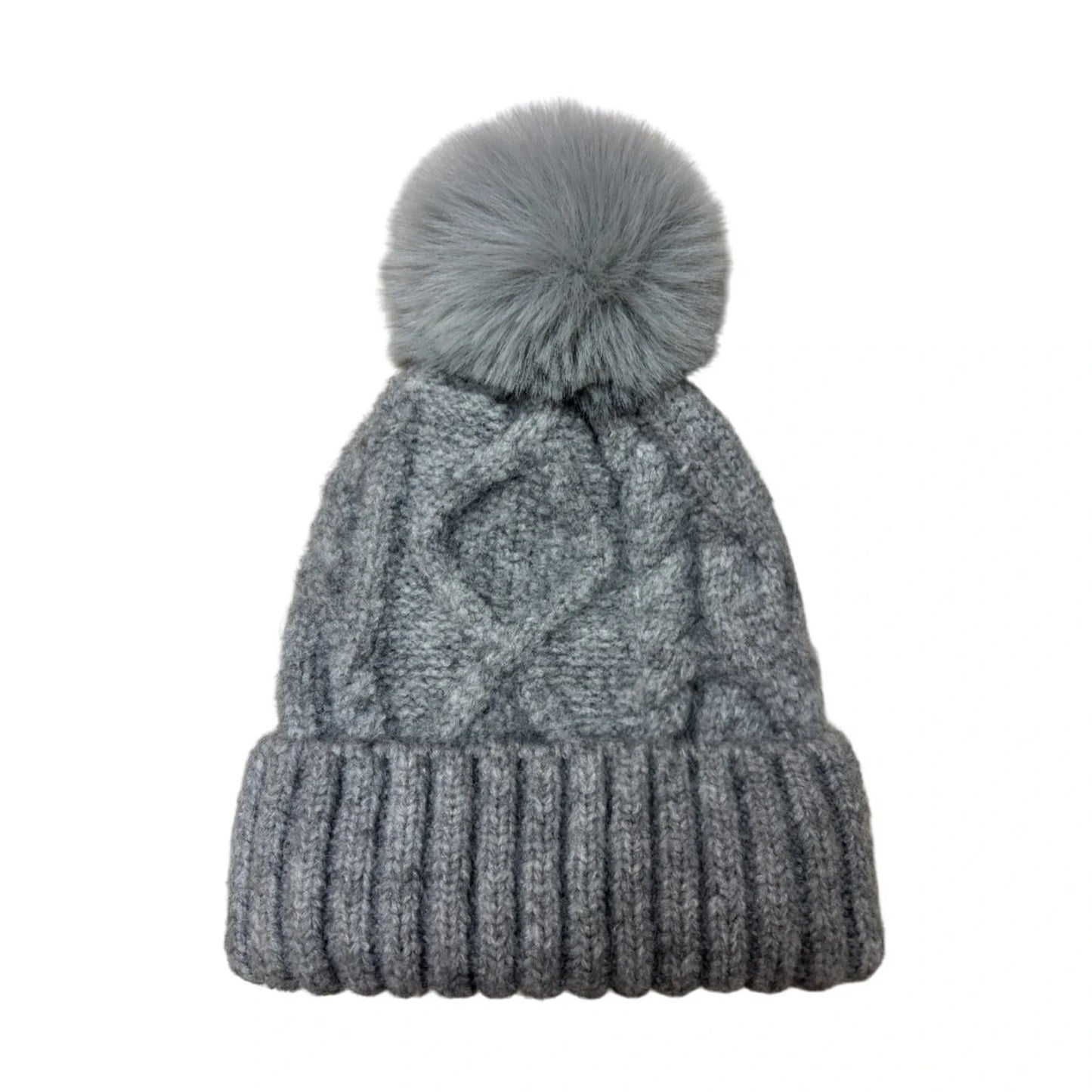 Fashion Bobble Hat | Chunky Cable Knit Pom-Pom Design – Grey