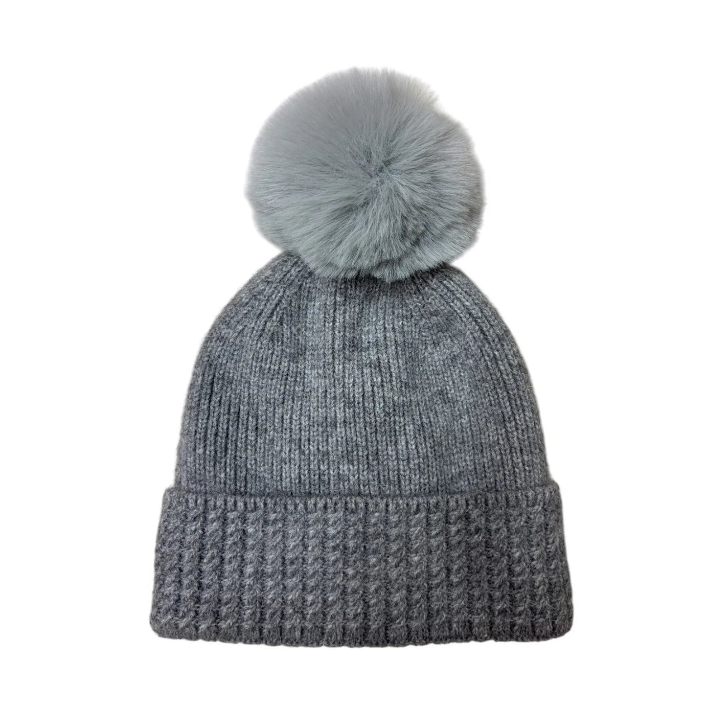 Fashion Bobble Hat | Ribbed Crown Waffle Cuff Pom-Pom Design – Grey