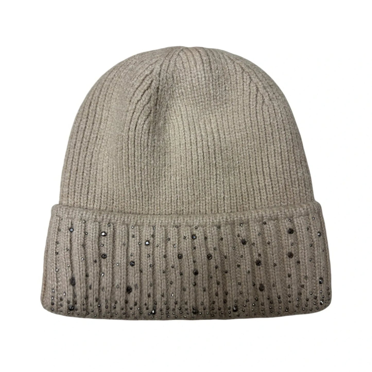 Ski Hat | Ribbed Knit Crystal-Trim Cuff Beanie – Oatmeal