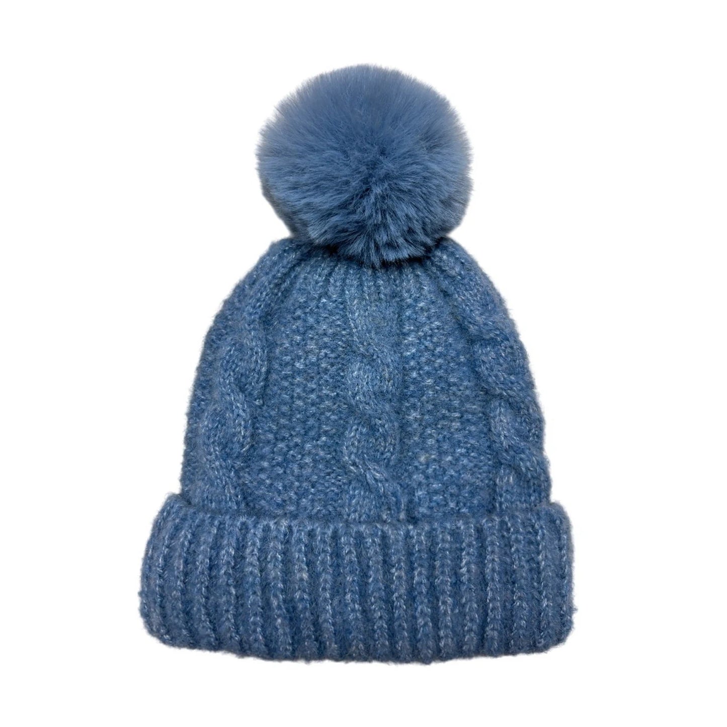 Fashion Bobble Hat | Chunky Cable Knit Pom-Pom Beanie – Dusty Blue