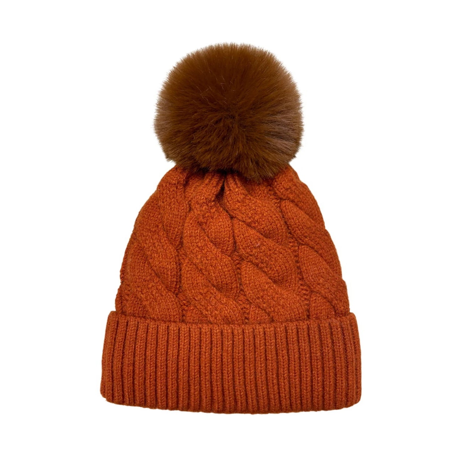 Fashion Bobble Hat | Chunky Cable Knit Pom-Pom Style – Rust Orange