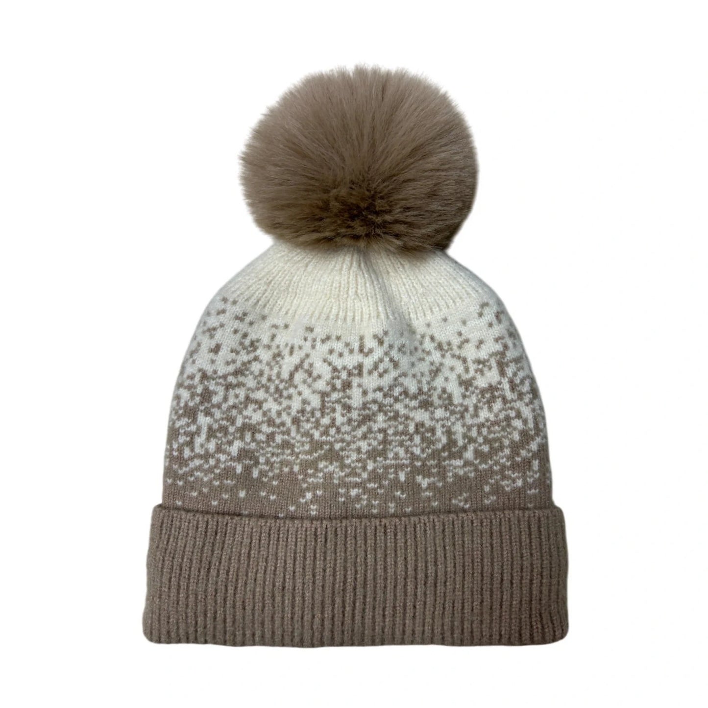 Fashion Bobble Hat | Fair Isle Ombre Knit Pom-Pom Design – Taupe & Cream