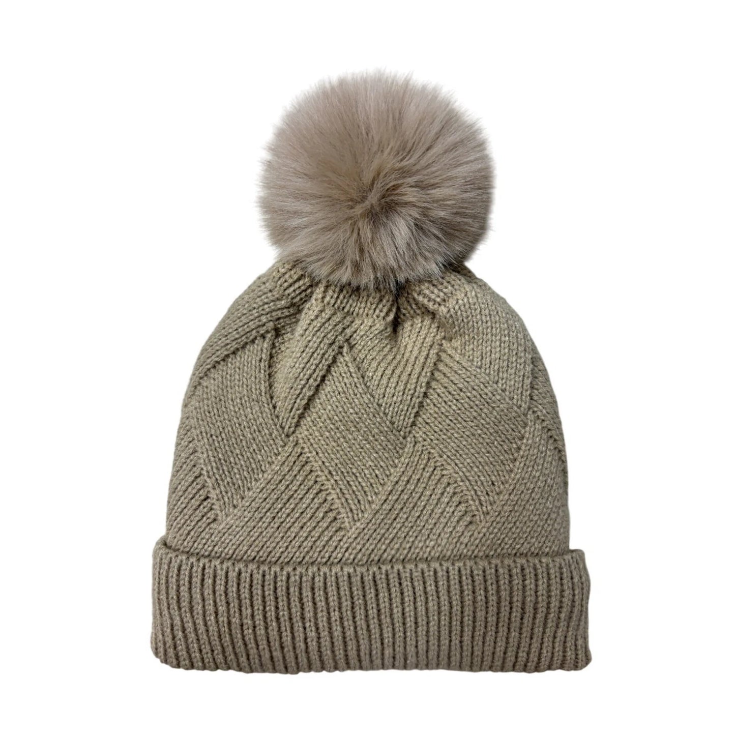 Fashion Bobble Hat | Chevron Cable Knit Pom-Pom Design – Light Brown