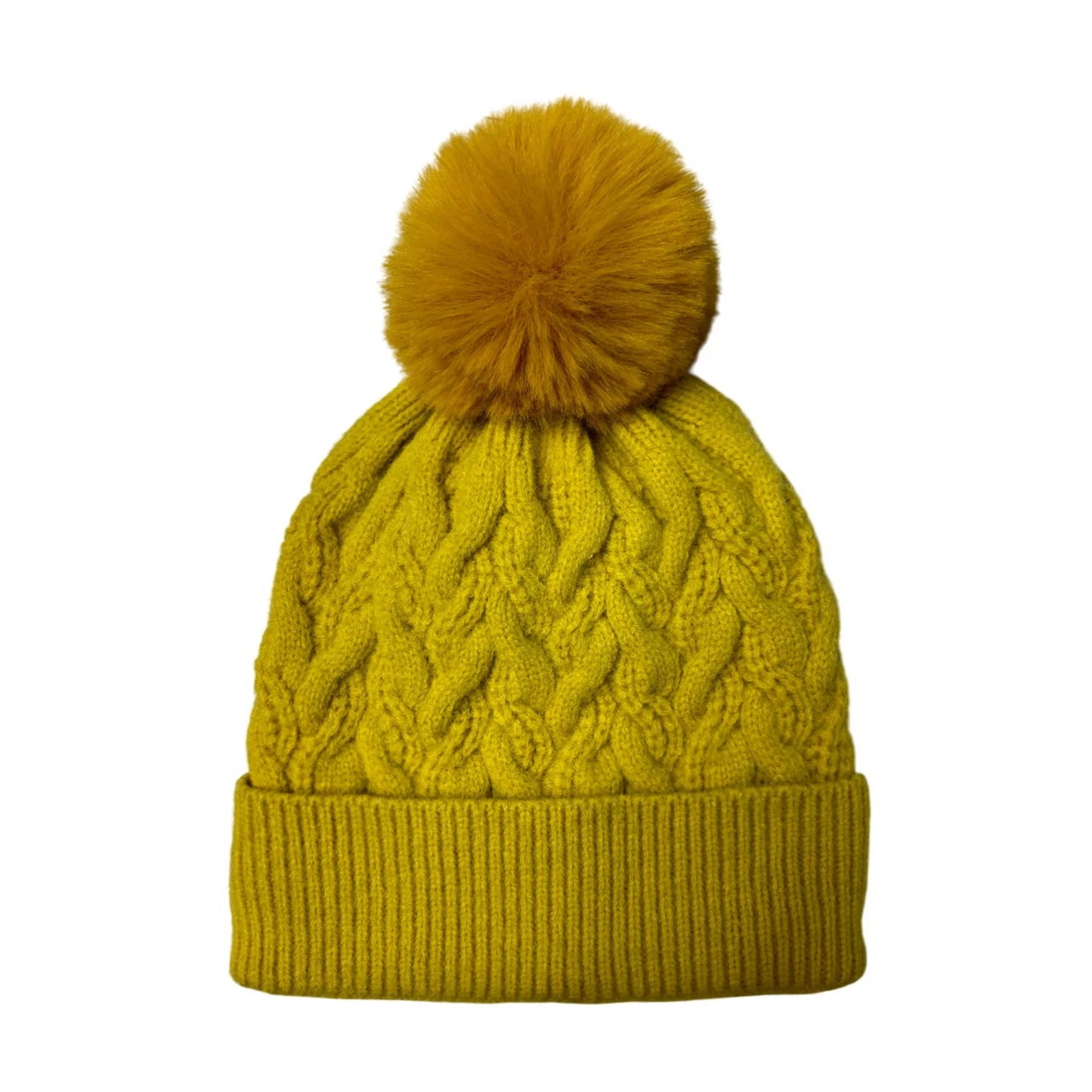 Fashion Bobble Hat | Chunky Cable Knit Pom-Pom Design – Mustard Yellow
