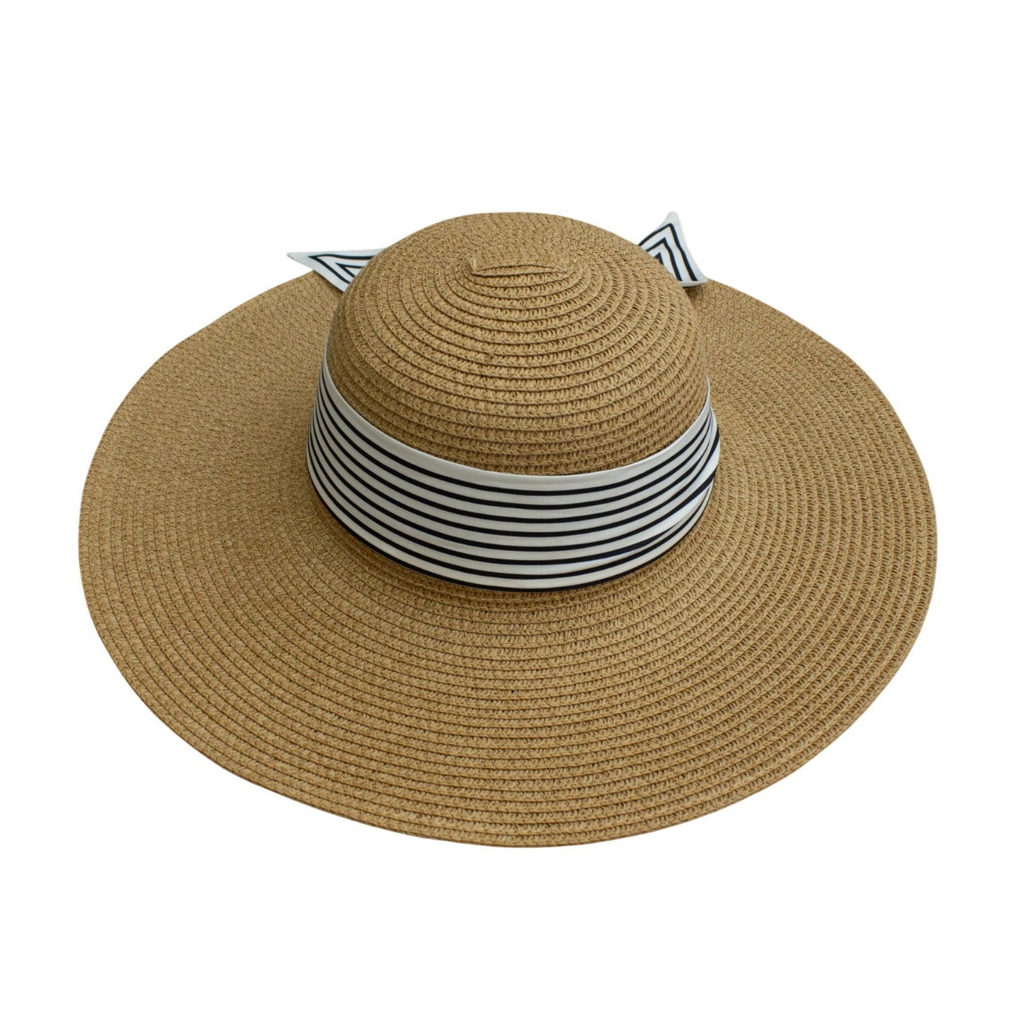 Wide Brim Straw Hat | Striped Satin Scarf Detail – Natural