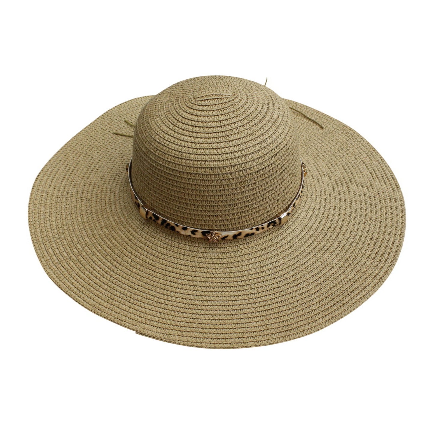 Wide Brim Straw Hat | Leopard Print Metal Chain Detail – Natural