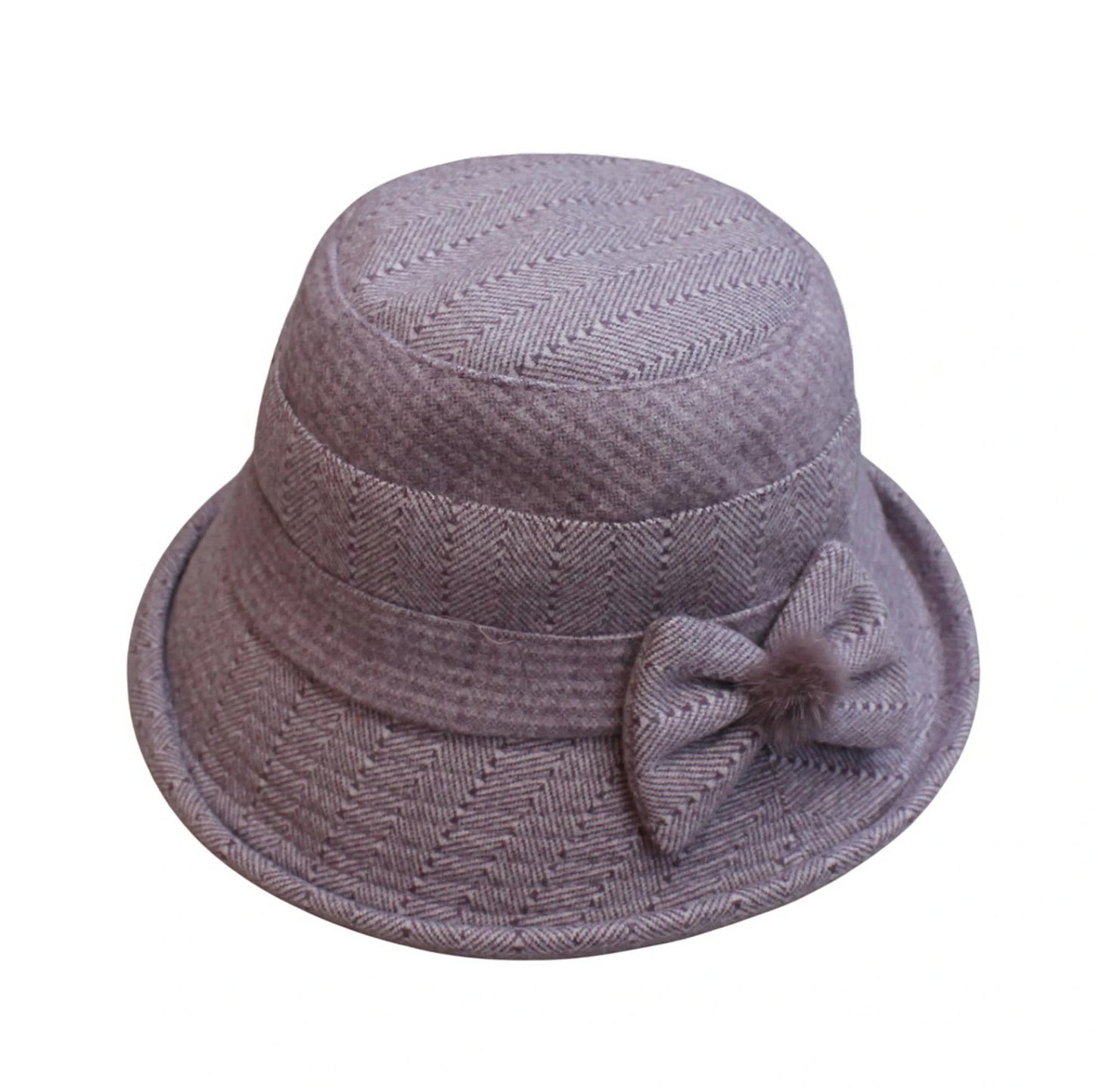 Fashion Hat | Herringbone Texture with Bow & Pom Detail – Purple