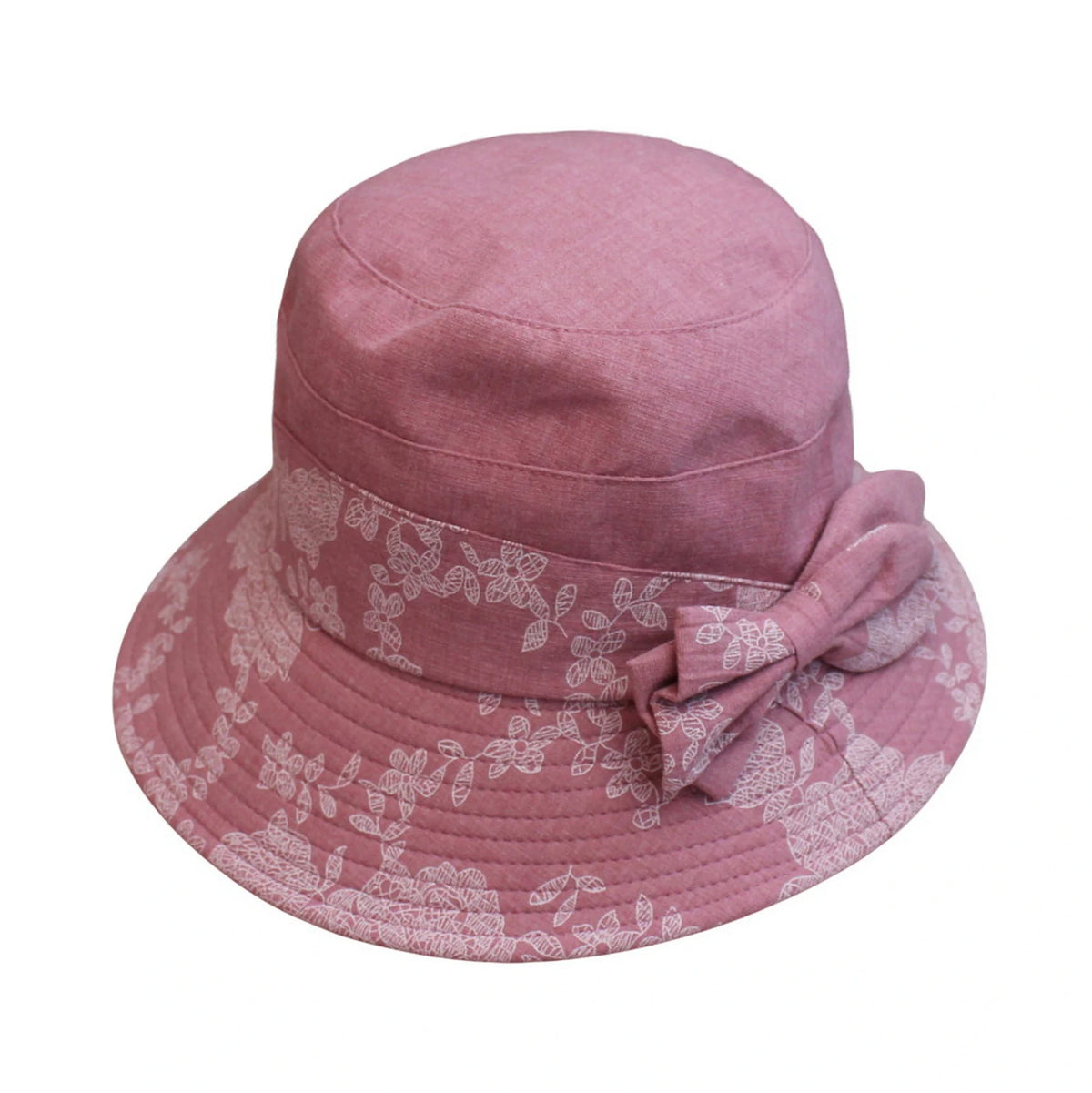 Cotton Hat | Floral Embroidery with Side Bow – Pink