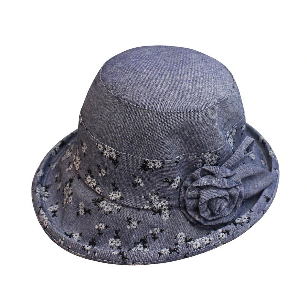 Cotton Hat | Denim-Look Floral Print with 3D Flower Accent – Blue