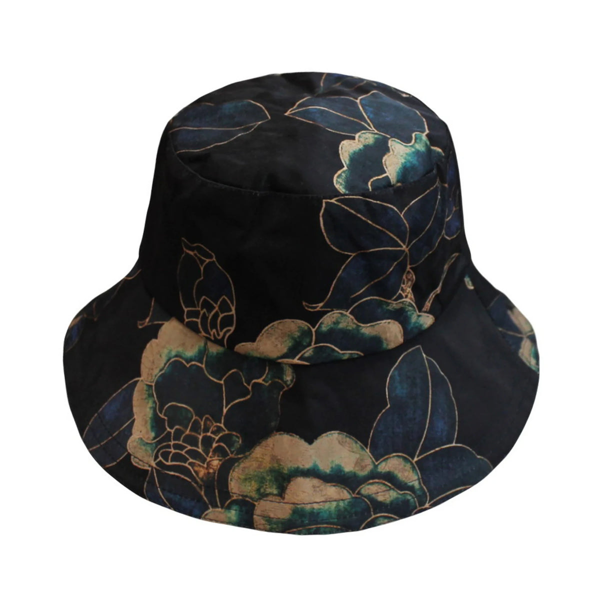 Cotton Hat | Peony Floral Print with Gold Outline – Black