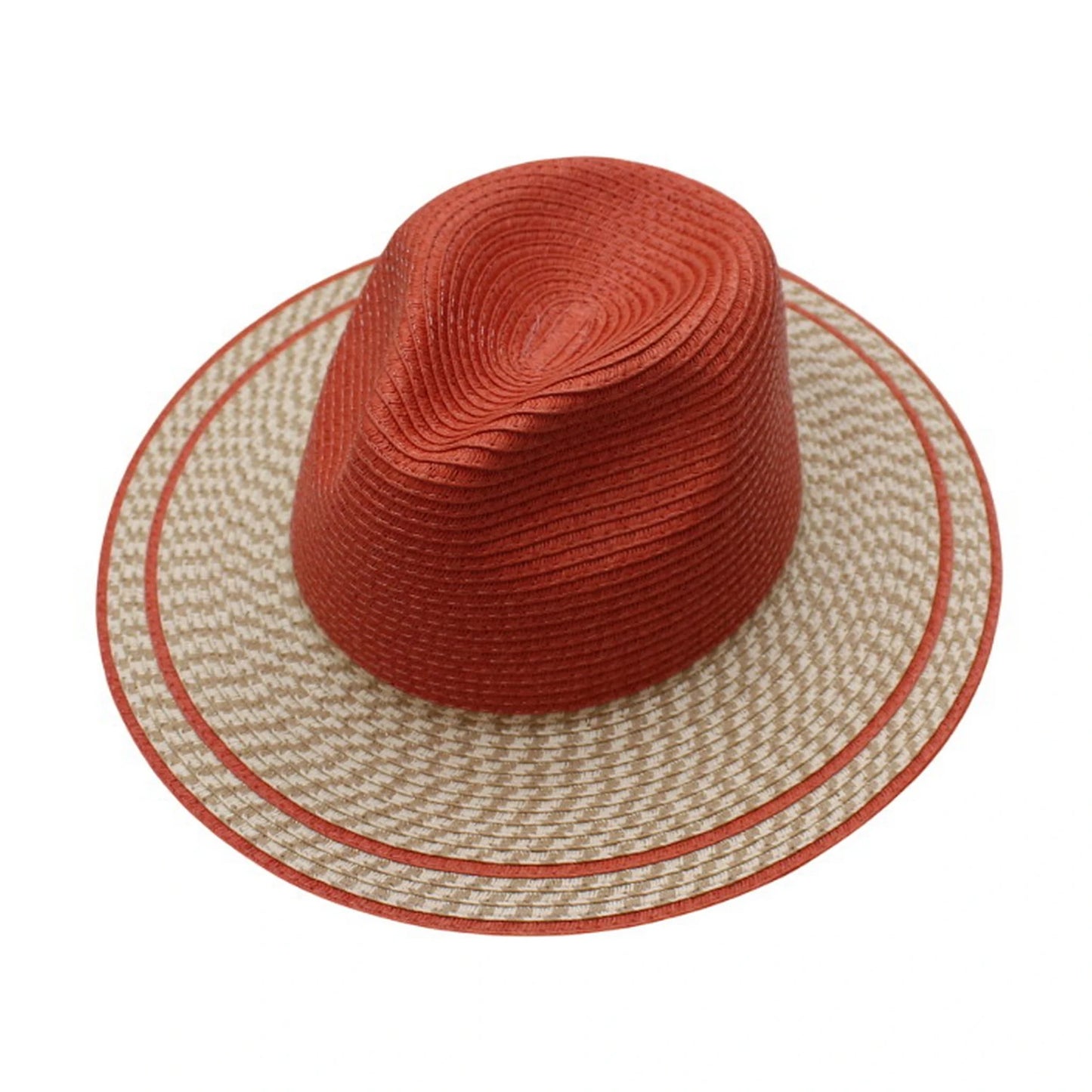 Straw Fedora Hat | Two-Tone Design with Double Terracotta Trim – Orange & Natural