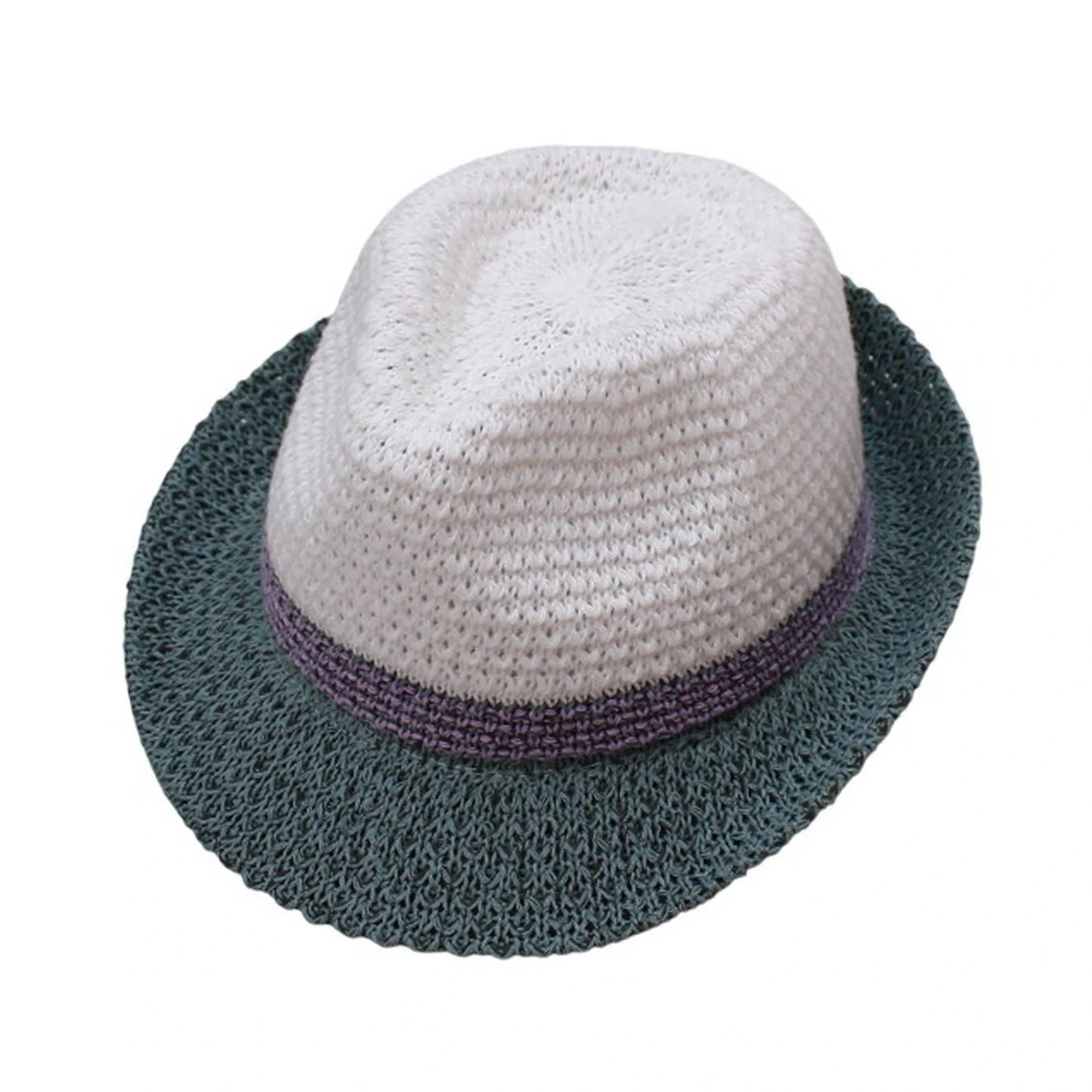Straw Trilby Hat | Two-Tone Design with Purple Band – White & Green