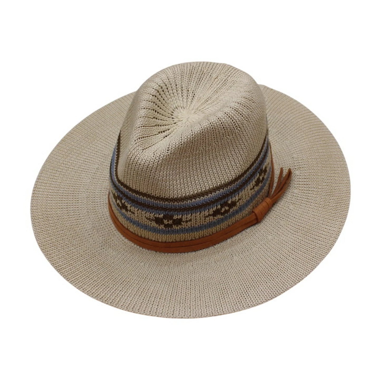 Straw Fedora Hat | Aztec Geometric Pattern with Brown Band – Natural